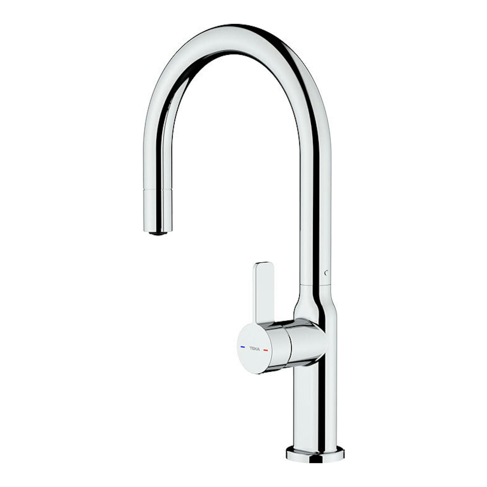 Grifo de cocina Teka OVAL 9381 cromado, vista frontal, caño alto curvado con una maneta.