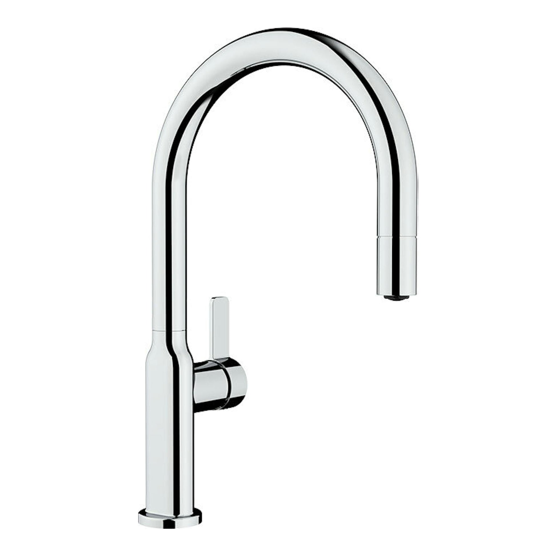 Grifo Teka OVAL 9381 cromado, vista frontal, caño alto curvo y mando lateral.