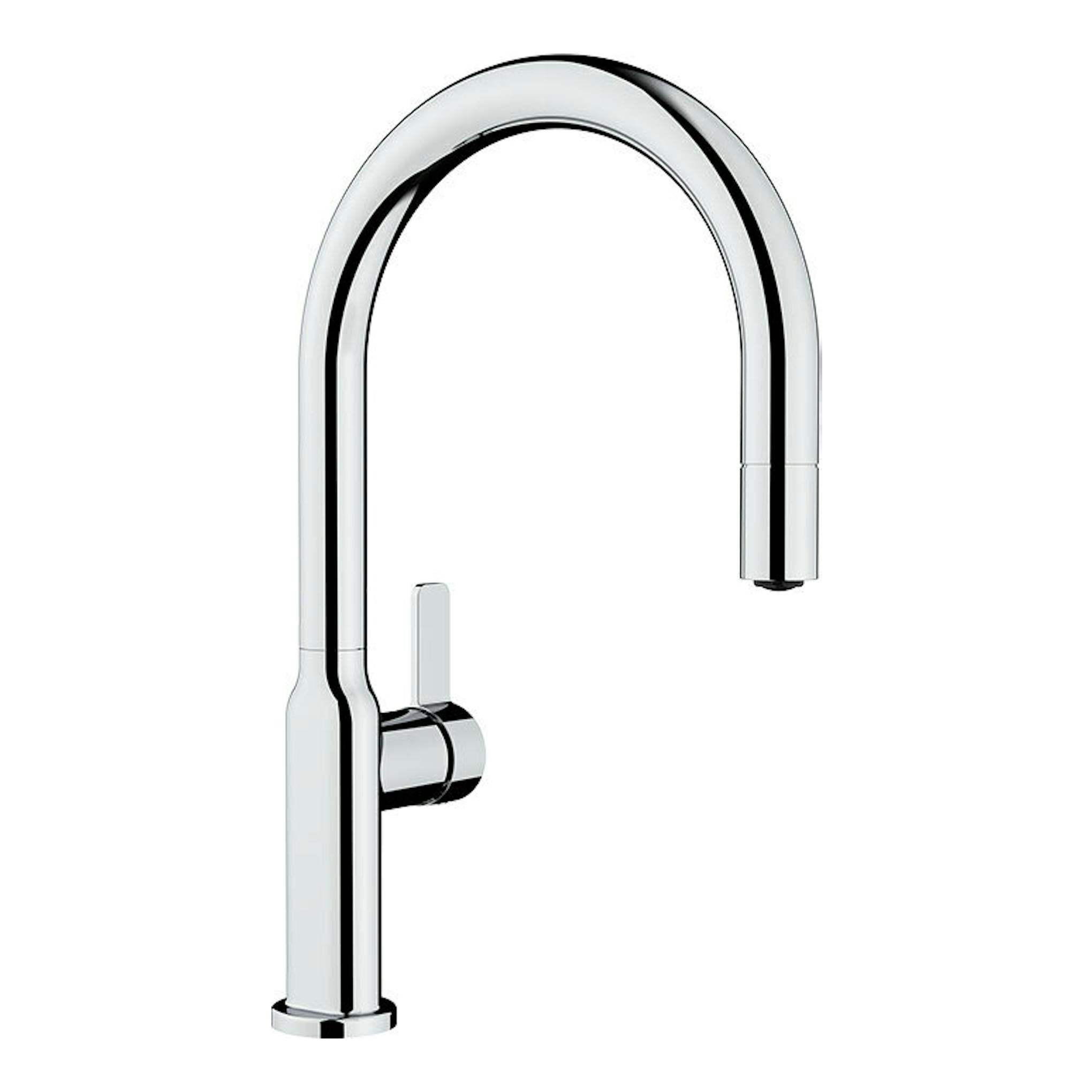 Grifo Teka OVAL 9381 cromado, vista frontal, caño alto curvo y mando lateral.
