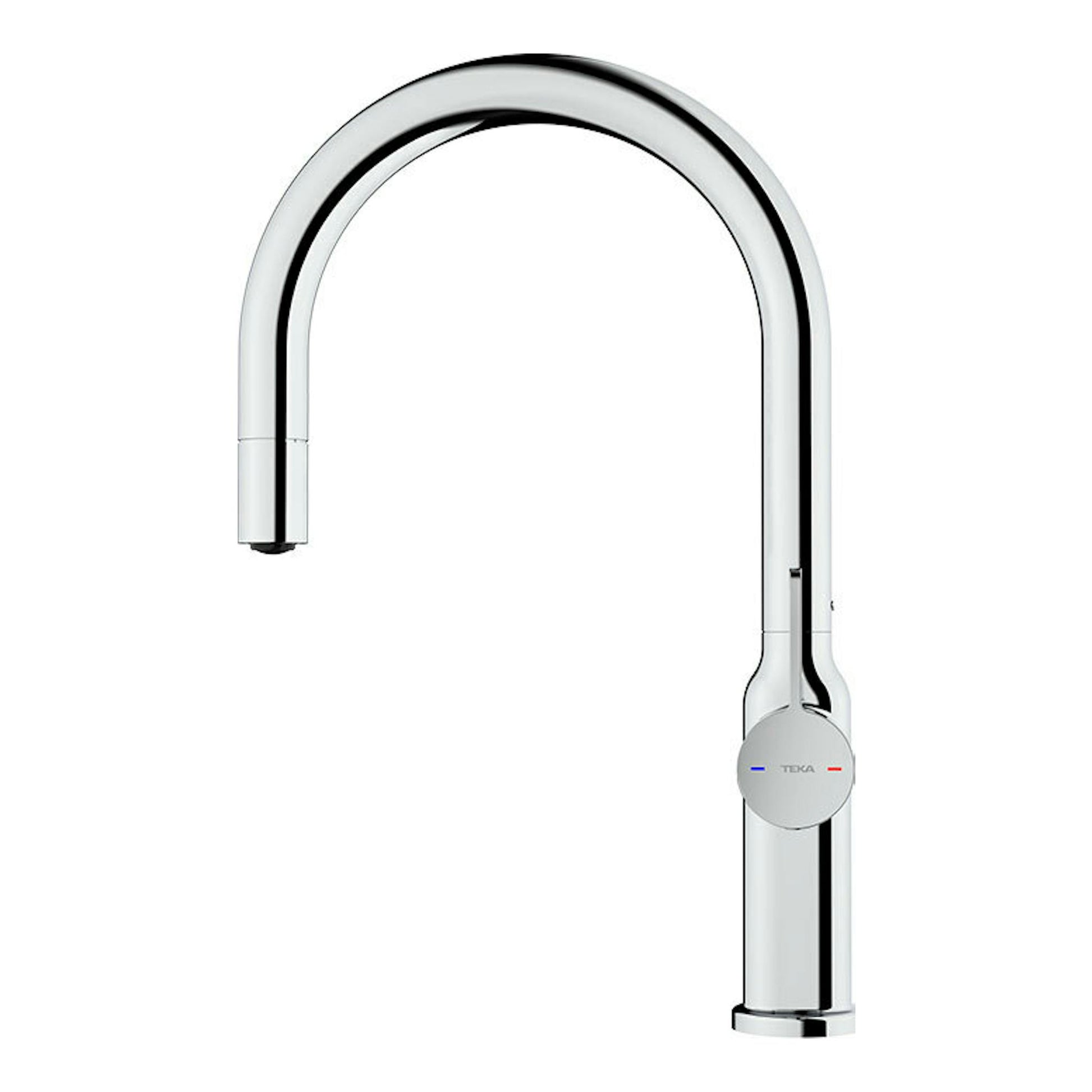 Grifo Teka OVAL 9381 cromado, vista frontal, caño alto curvado en U y mando lateral.