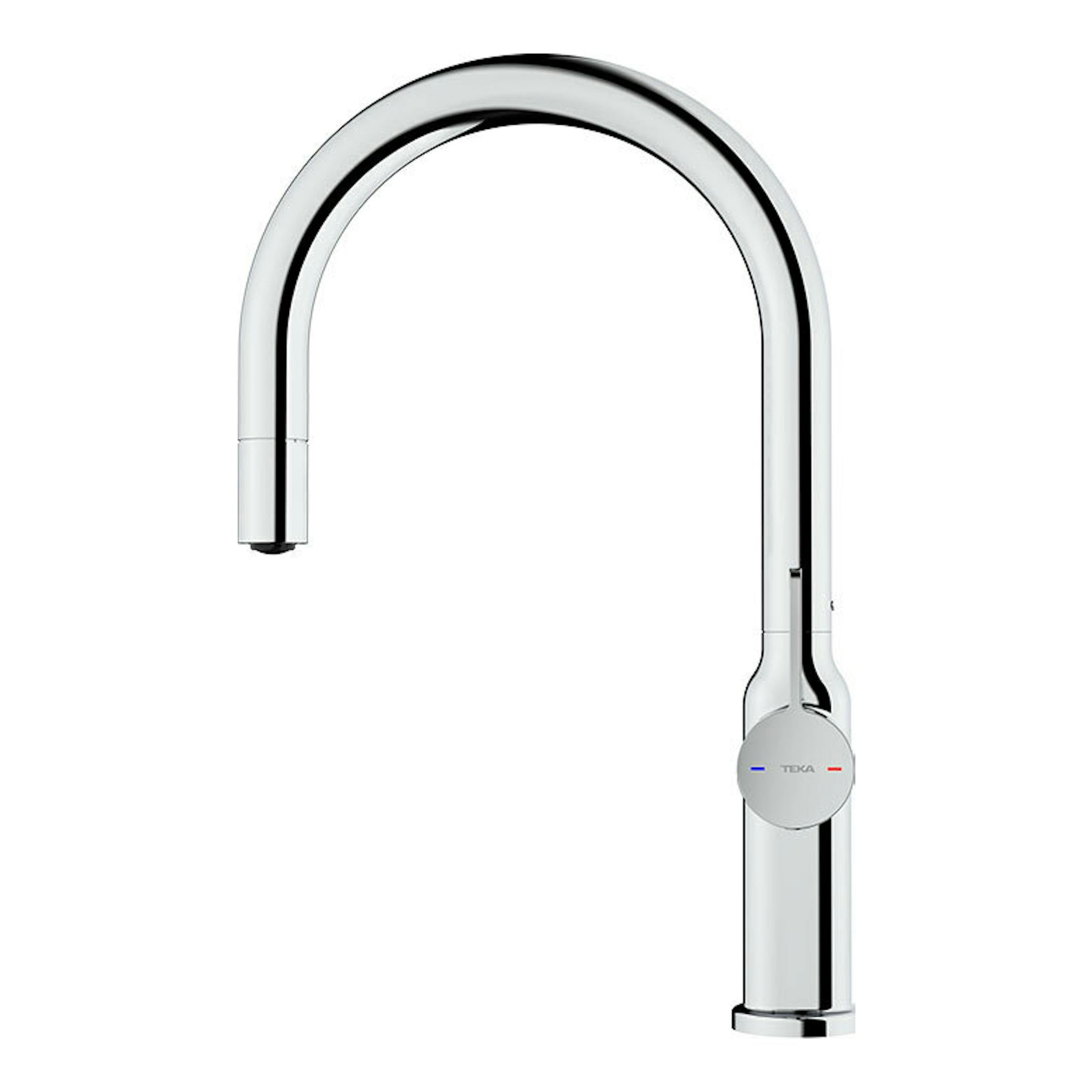 Grifo Teka OVAL 9381 cromado, vista frontal, caño alto curvado en U y mando lateral.