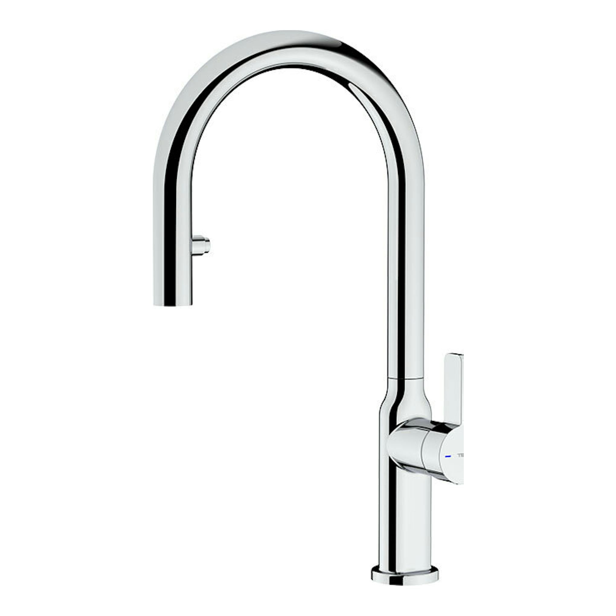 Grifo de cocina Teka OVAL 9382 cromado, vista frontal, caño alto curvado y mando lateral.