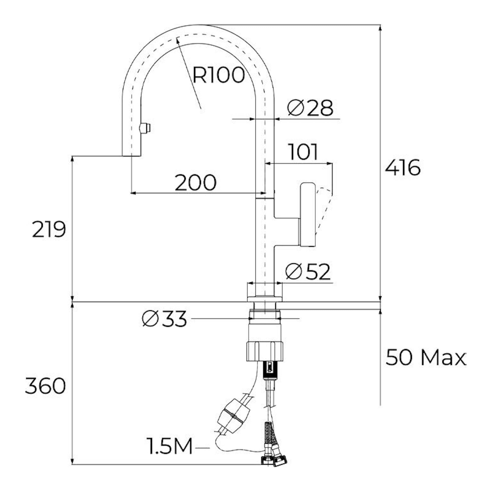Teka OVAL 9382 cromo, dibujo técnico frontal de grifo de cocina en arco con medidas y manguera.