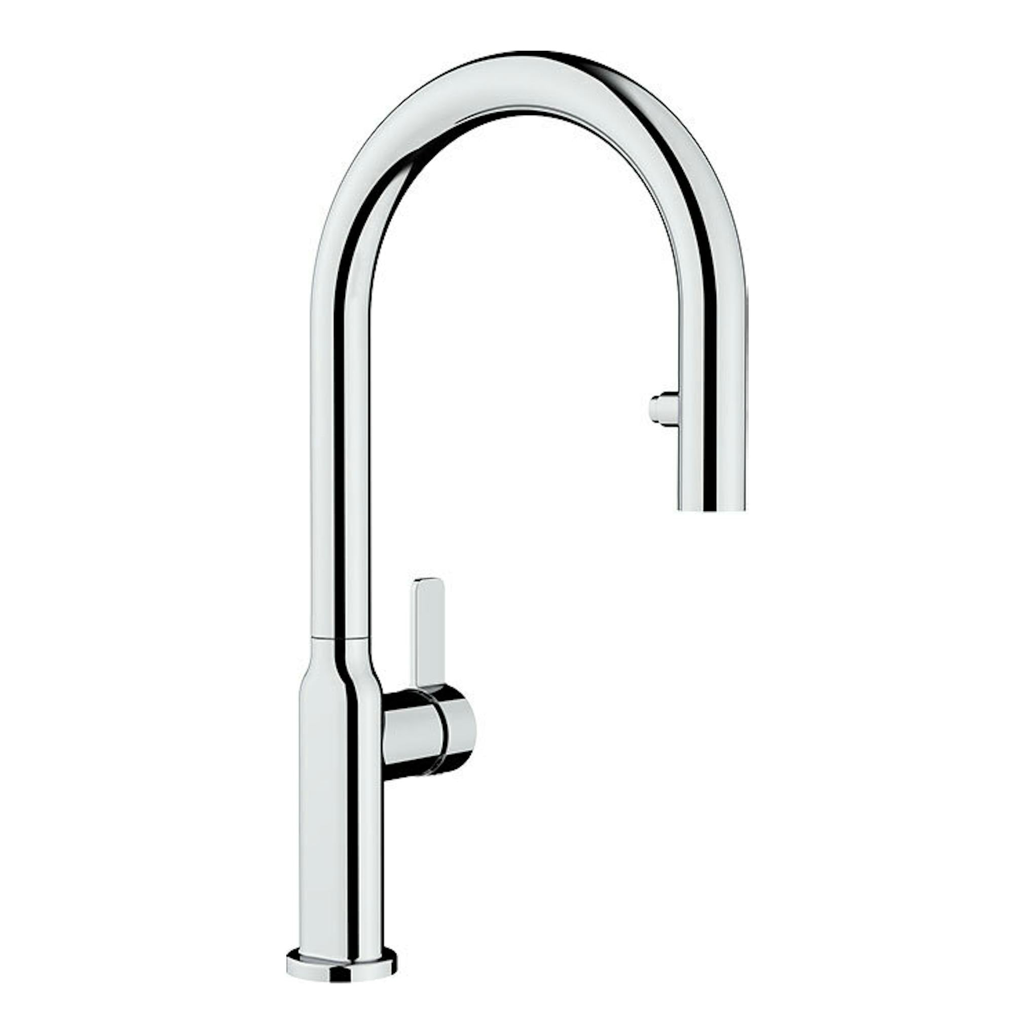 Grifo Teka OVAL 9382 cromo, vista frontal, con caño alto curvo y mando lateral.