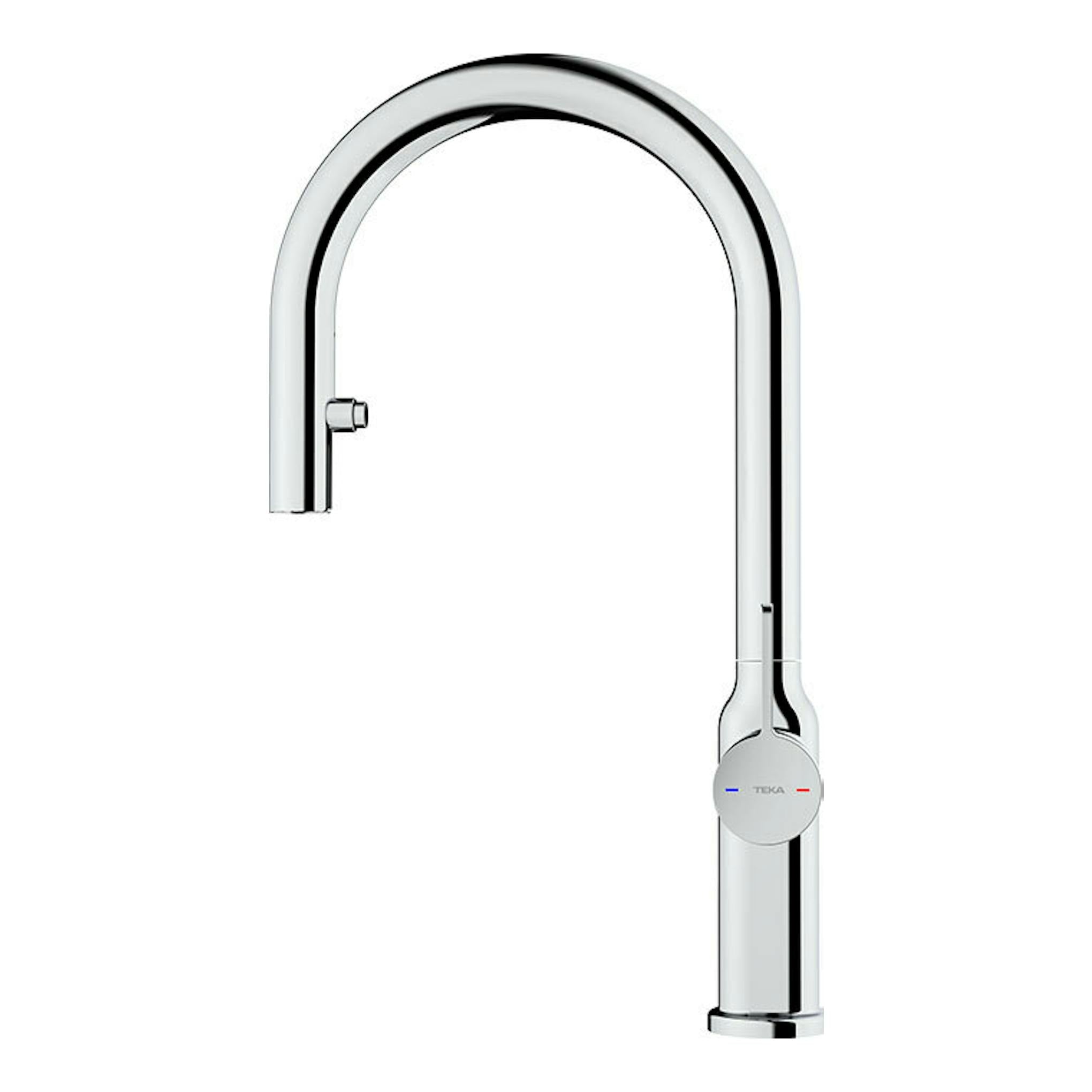 Grifo de cocina Teka OVAL 9382 cromado, vista frontal, caño alto arqueado.