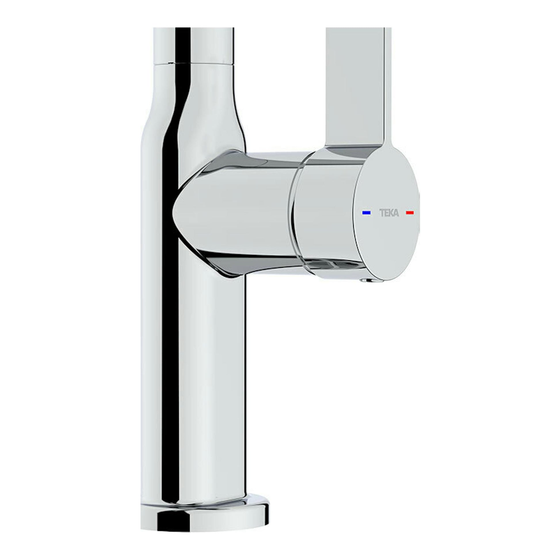 Grifo Teka OVAL 9382 cromado, vista lateral parcial del cuerpo y mando cilíndrico.