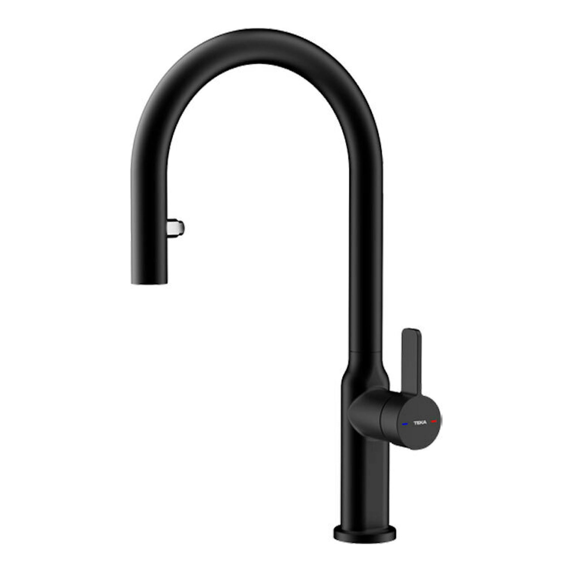 Grifo Teka OVAL9382 negro, vista frontal, caño alto curvado y mando lateral.