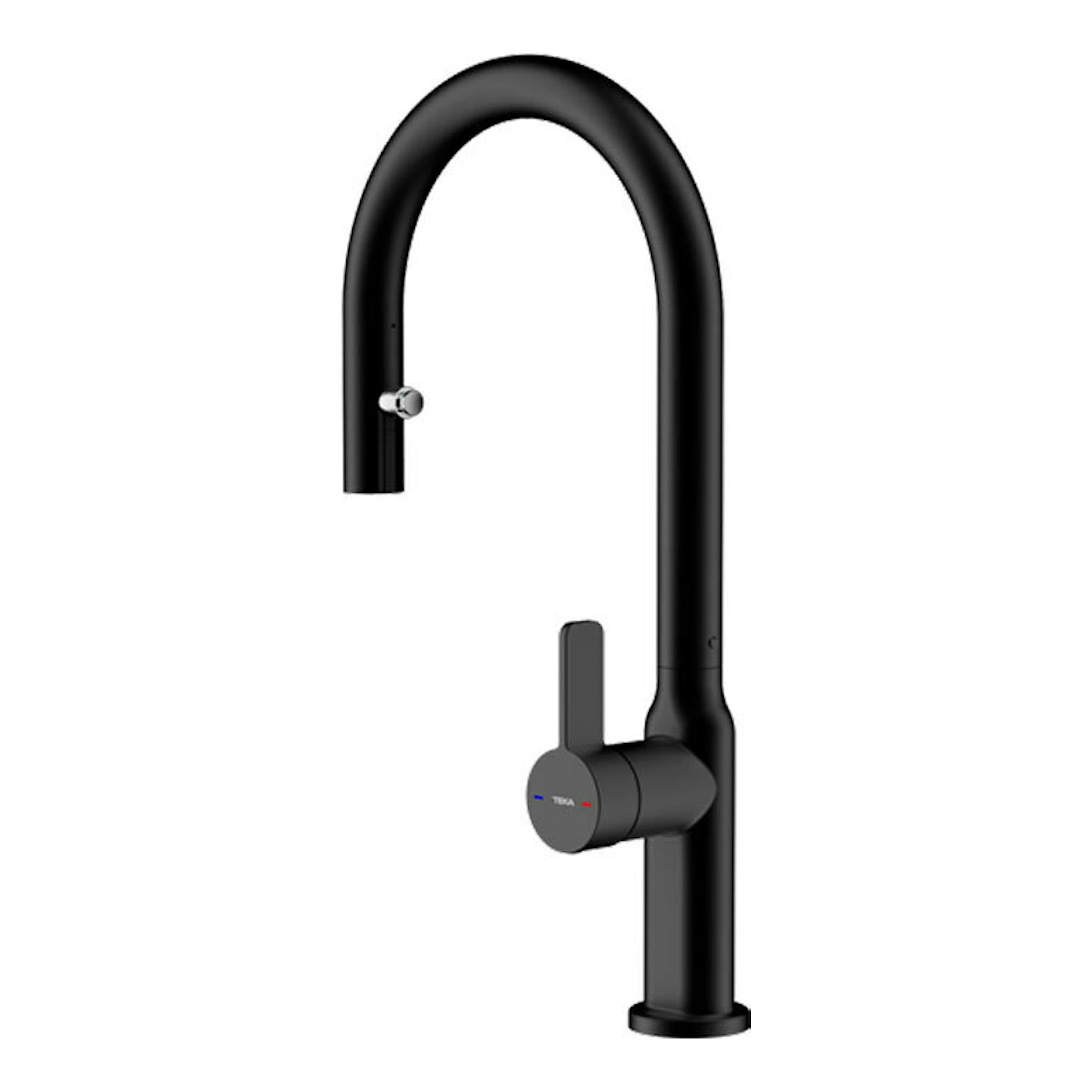 Grifo Teka OVAL9382 negro, vista frontal, caño alto curvado y mando lateral.