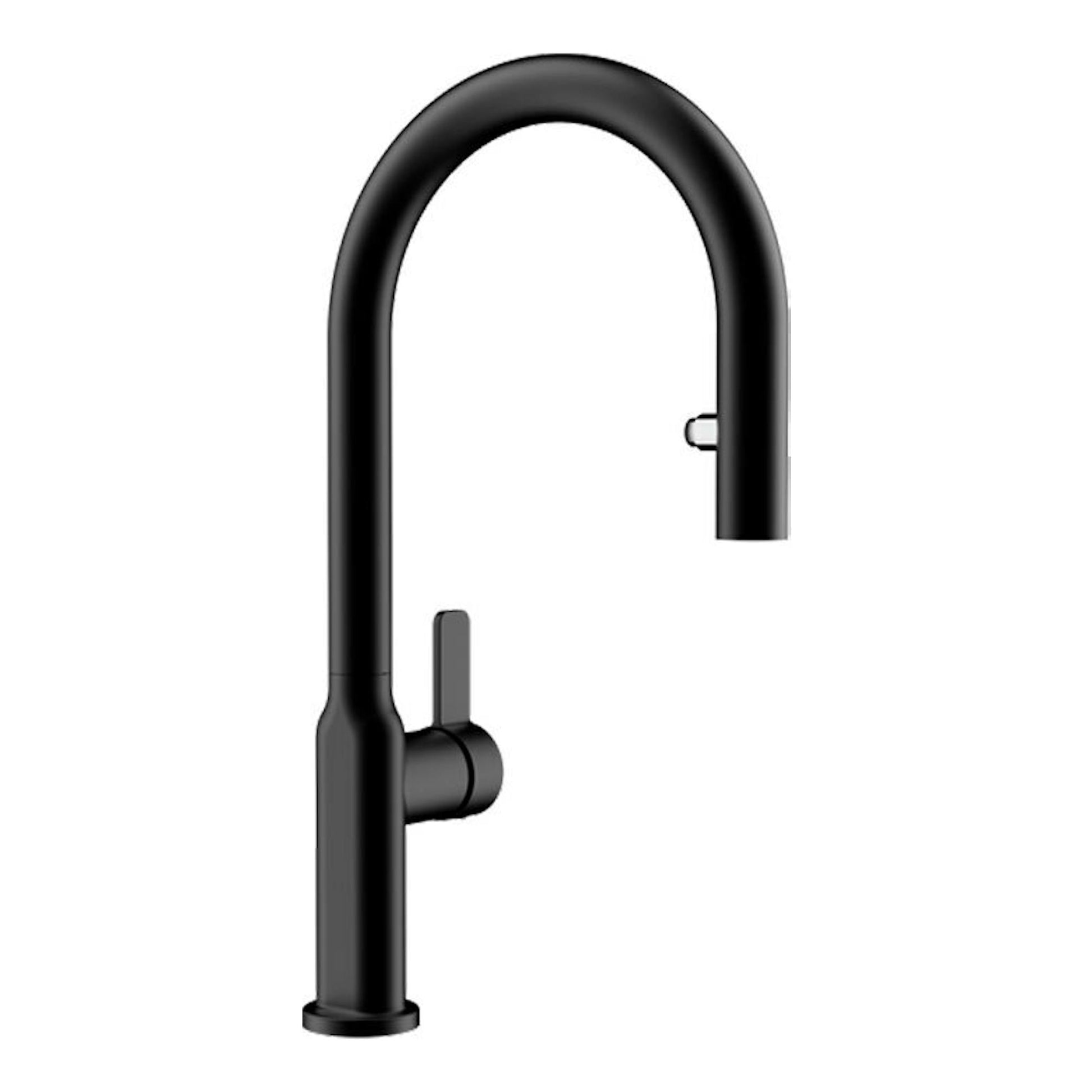 Grifo negro Teka OVAL9382, vista frontal, caño alto curvo y maneta lateral.