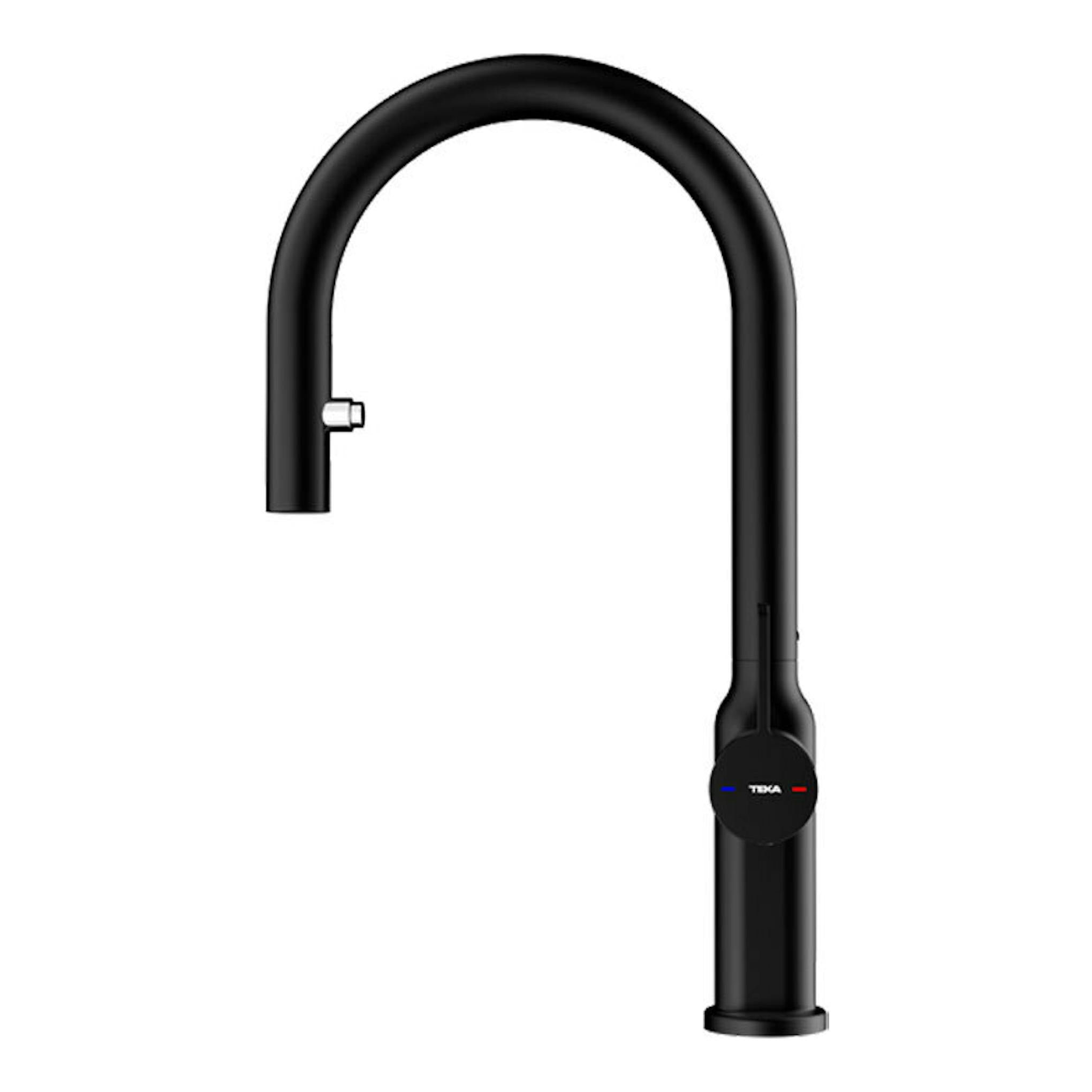 Grifo Teka OVAL9382 negro, vista frontal, caño alto curvado en arco y mando lateral.