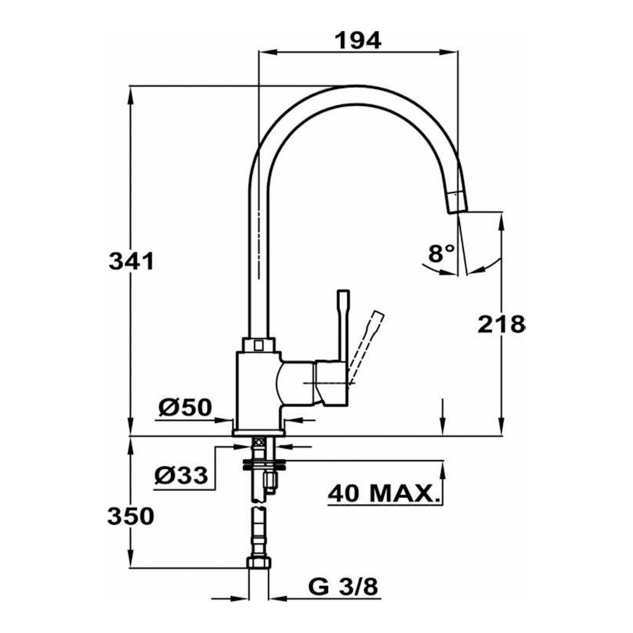 Dibujo técnico del grifo Teka SP995 cromado, vista lateral, con medidas.
