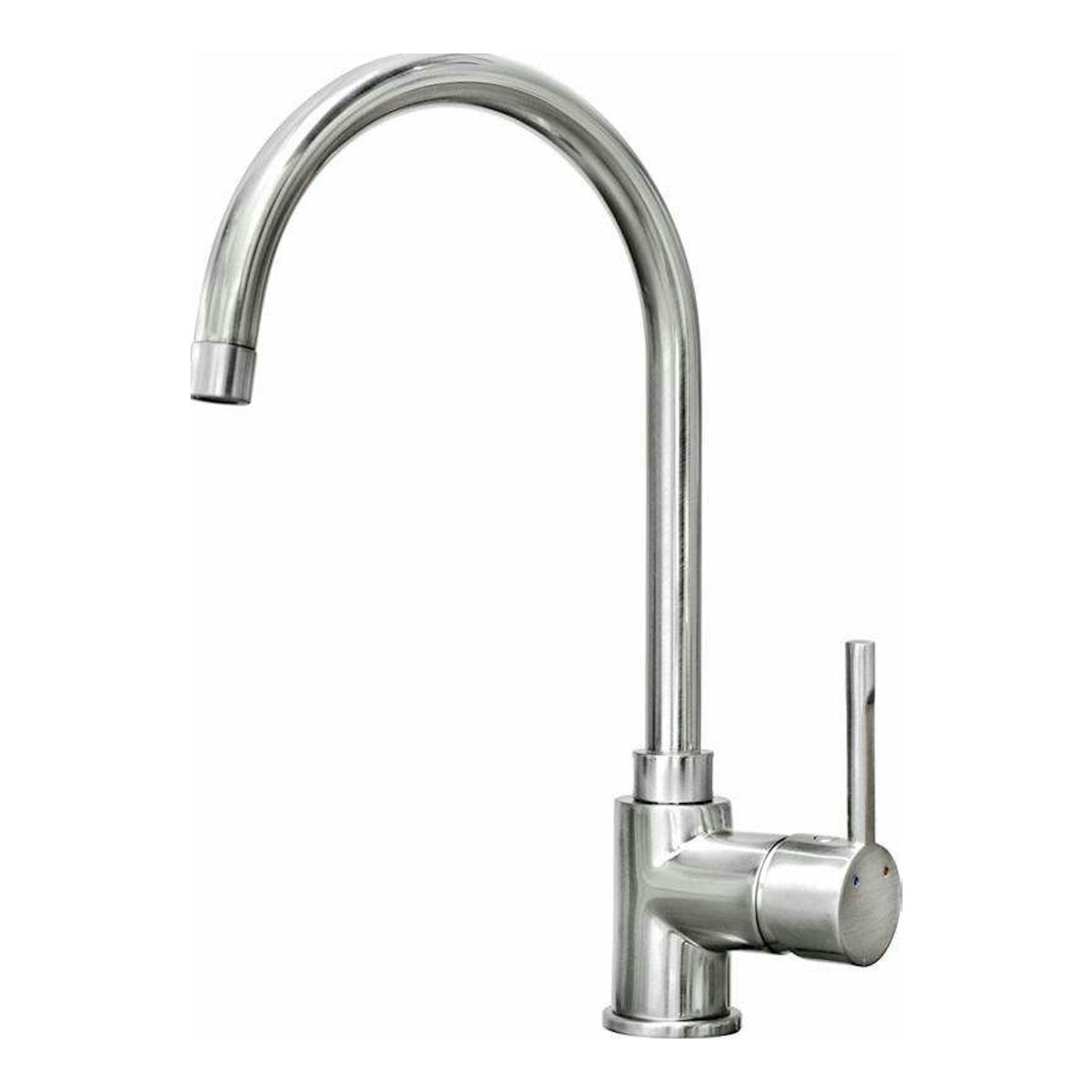 Grifo Teka SP995 inox de acero inoxidable, vista frontal, caño alto curvo y mando lateral.