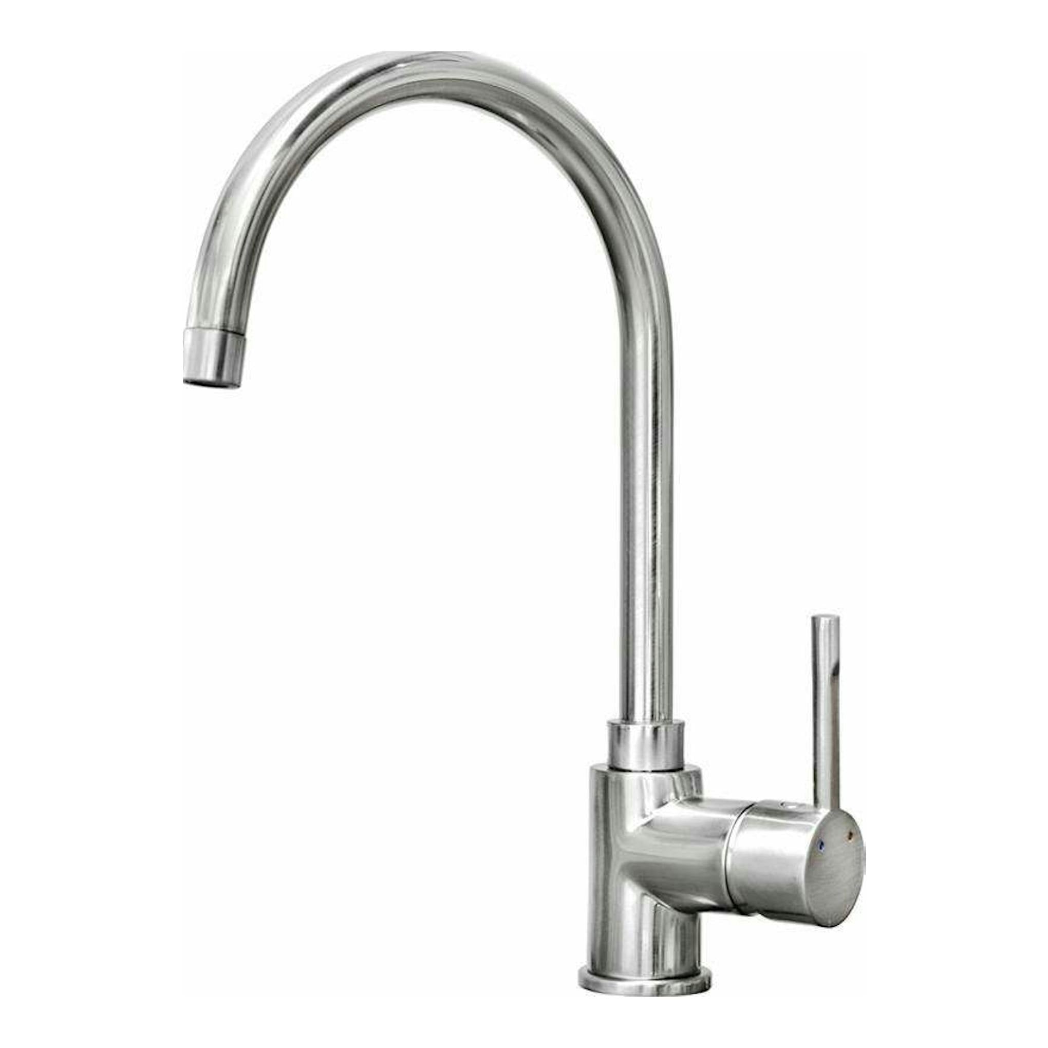 Grifo Teka SP995 inox de acero inoxidable, vista frontal, caño alto curvo y mando lateral.