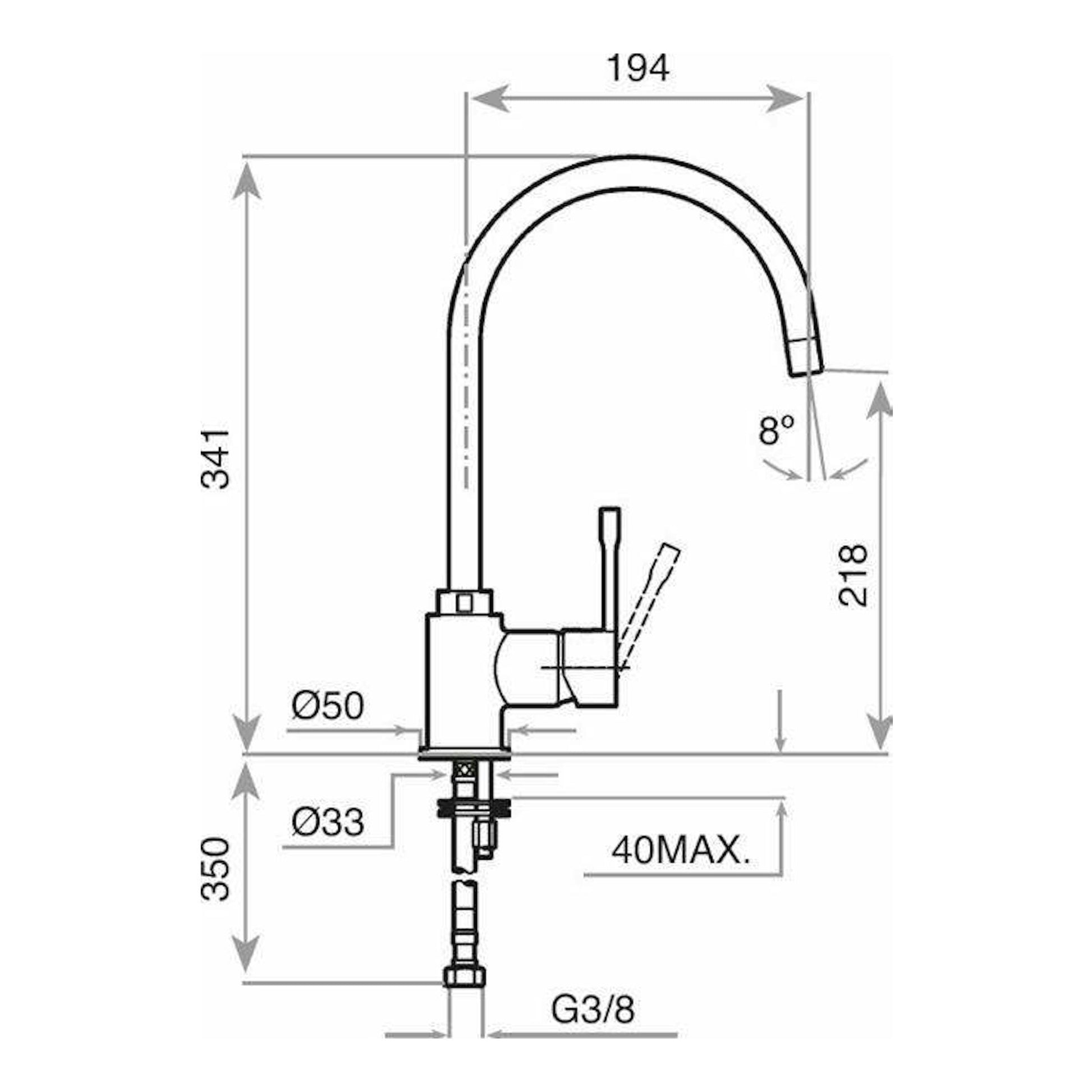 Grifo Teka SP995 inox, dibujo técnico frontal de monomando con caño curvo y medidas.