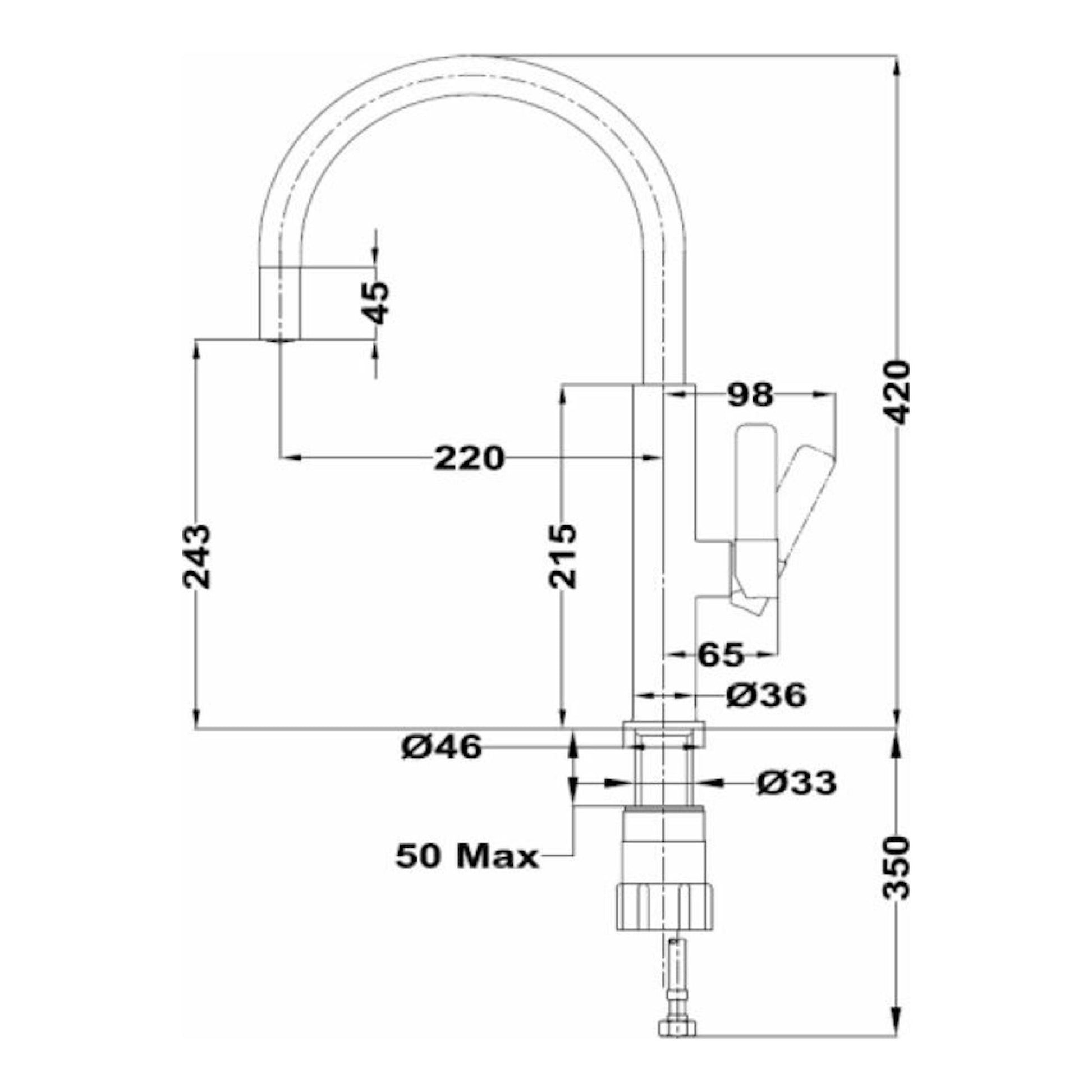 Dibujo técnico del grifo Teka TOP FOT995 blanco, vista lateral con medidas y caño alto curvo.