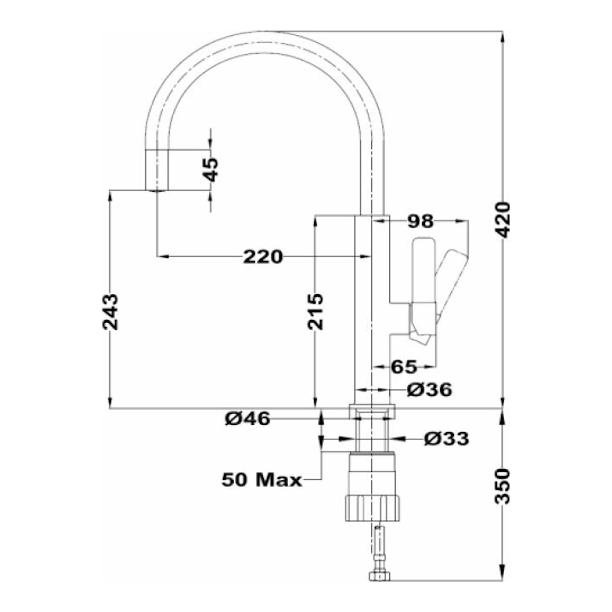 Grifo Teka TOP FOT995 cromado, dibujo técnico lateral con caño alto curvado y cotas.