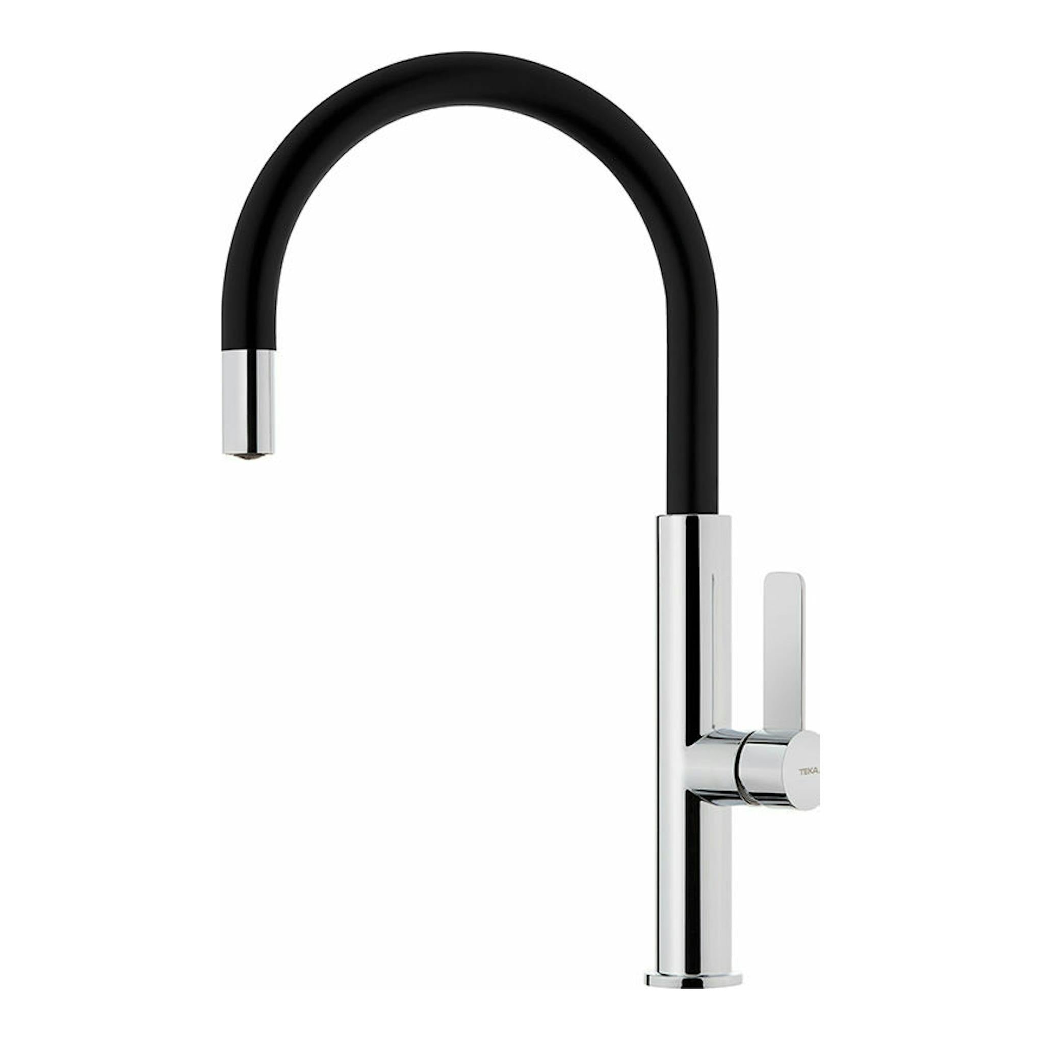 Grifo de cocina Teka TOP FOT995 negro y cromado, de caño alto curvado, vista frontal.