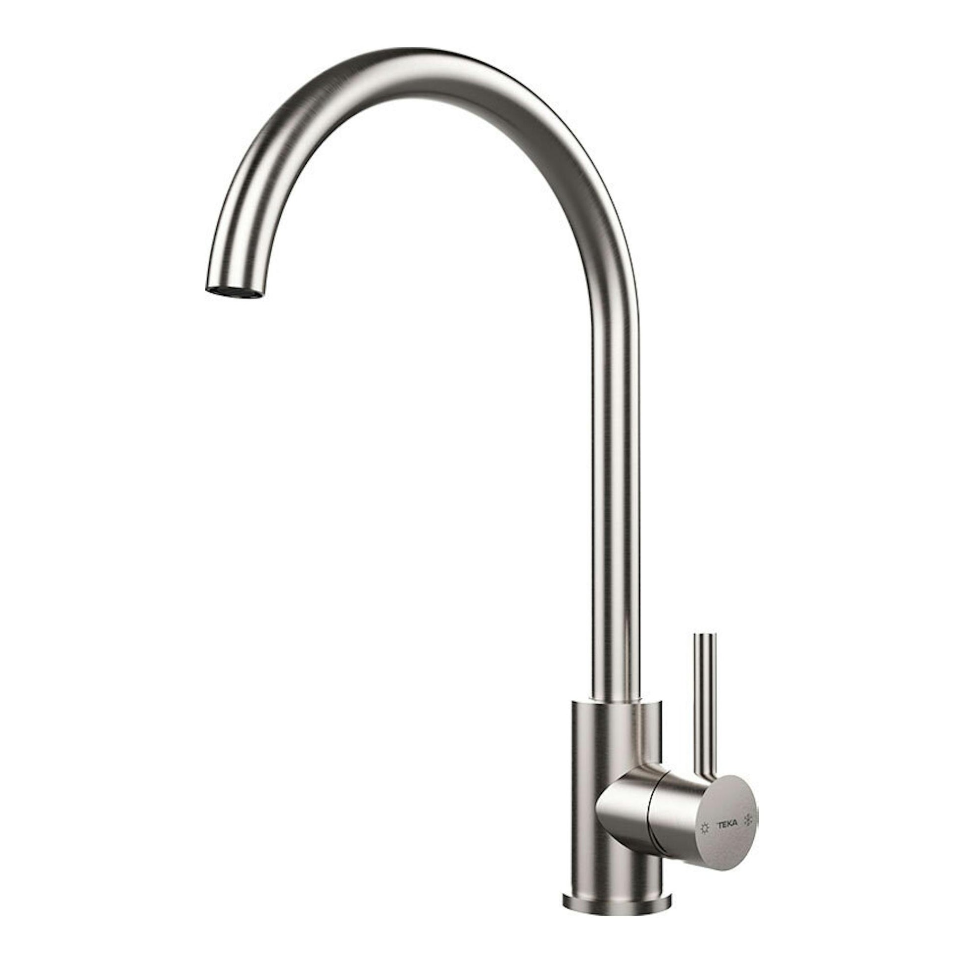 Grifo Teka UNI9310 de acero inoxidable pulido, vista lateral, con caño alto curvo y mando lateral.