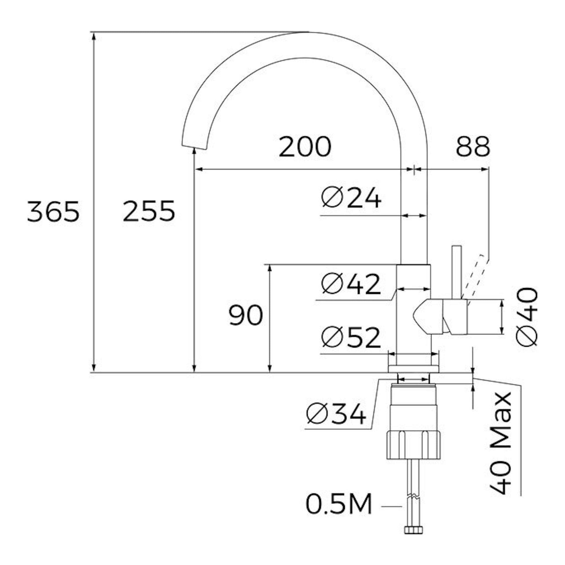 Teka UNI9310: dibujo técnico en vista lateral de grifo de arco alto inox pulido con cotas y medidas.