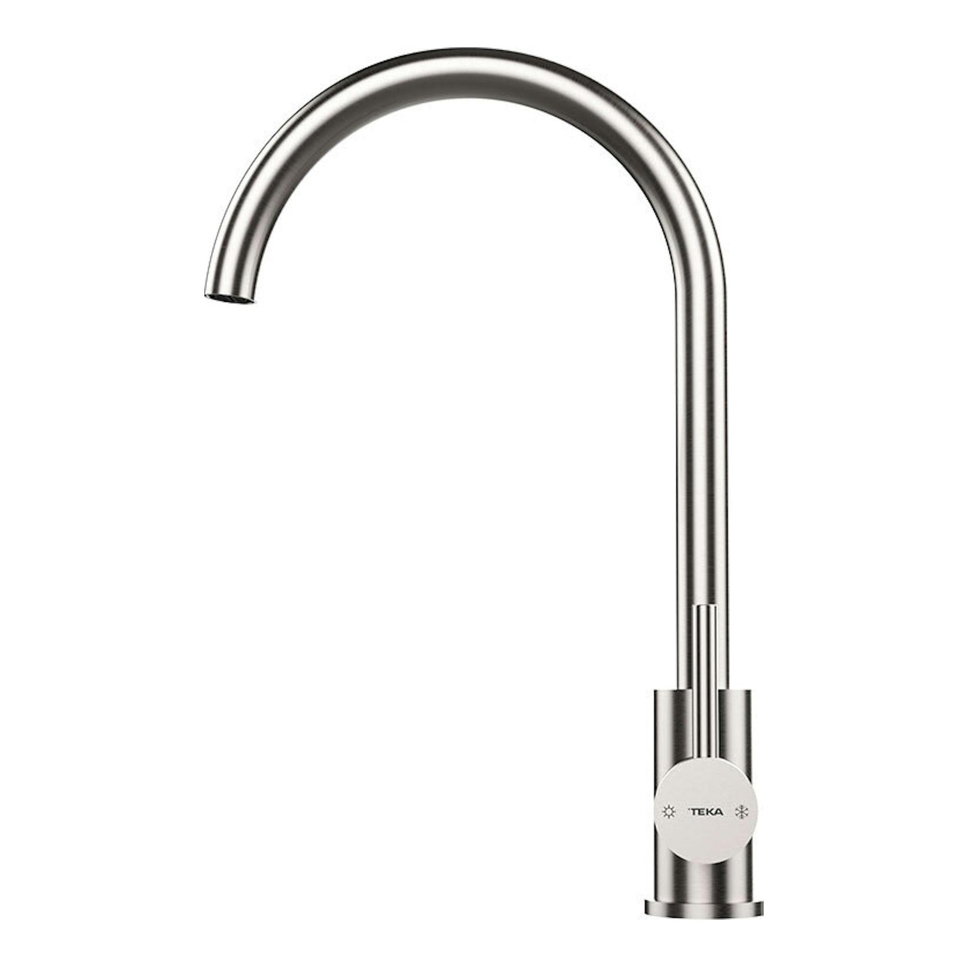 Grifo Teka UNI9310 de inox pulido, vista frontal, caño alto curvo en acero inoxidable.