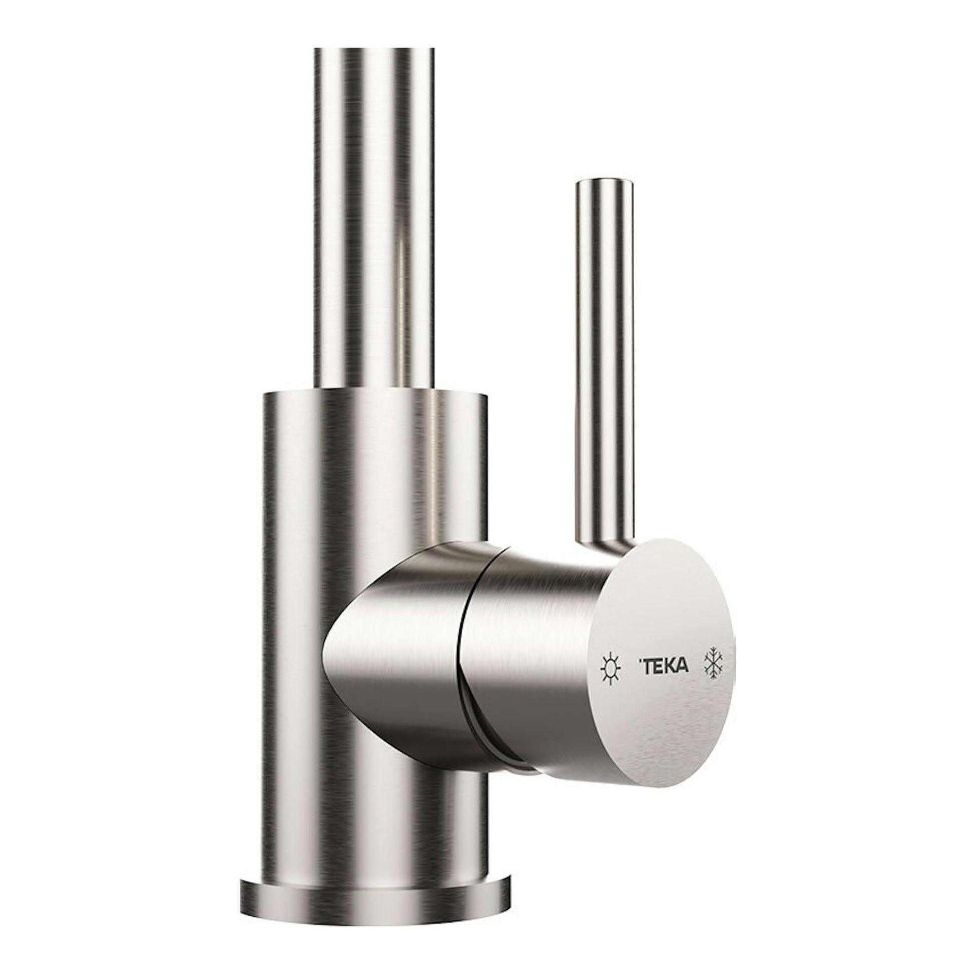 Grifo Teka UNI9310 de inox pulido, vista frontal en primer plano, con mando cilíndrico y acabado metálico.