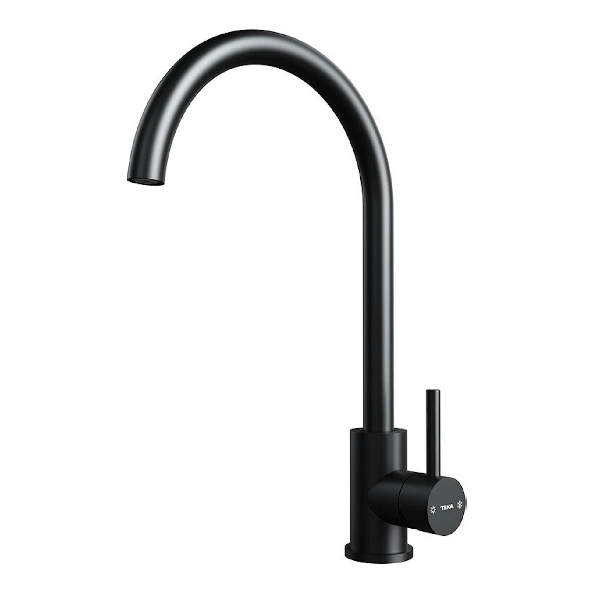 Grifo de cocina Teka UNI9310 negro, vista lateral, caño alto curvado y mando vertical.