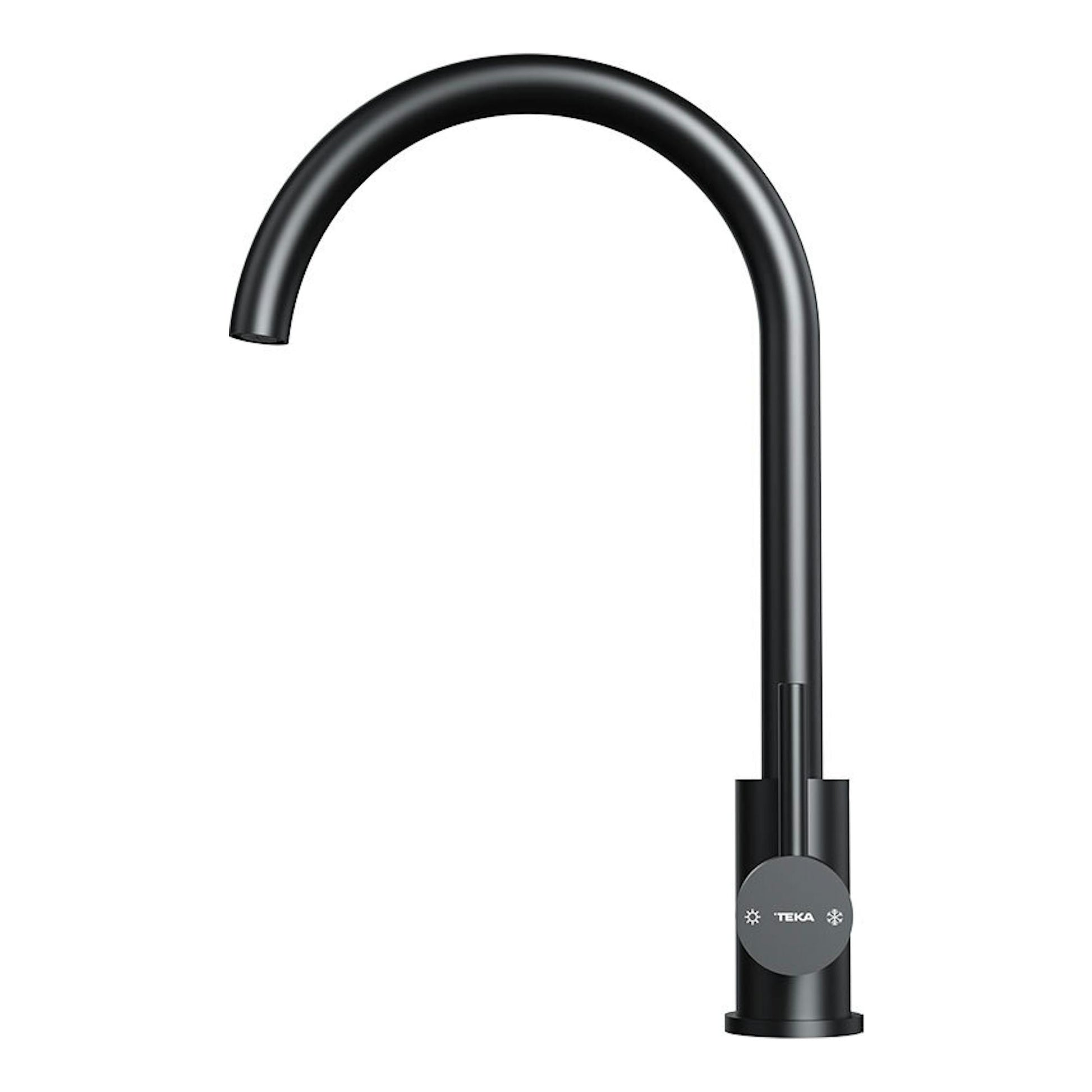 Grifo Teka UNI9310 negro, vista frontal, caño alto curvo en U y mando circular con iconos.