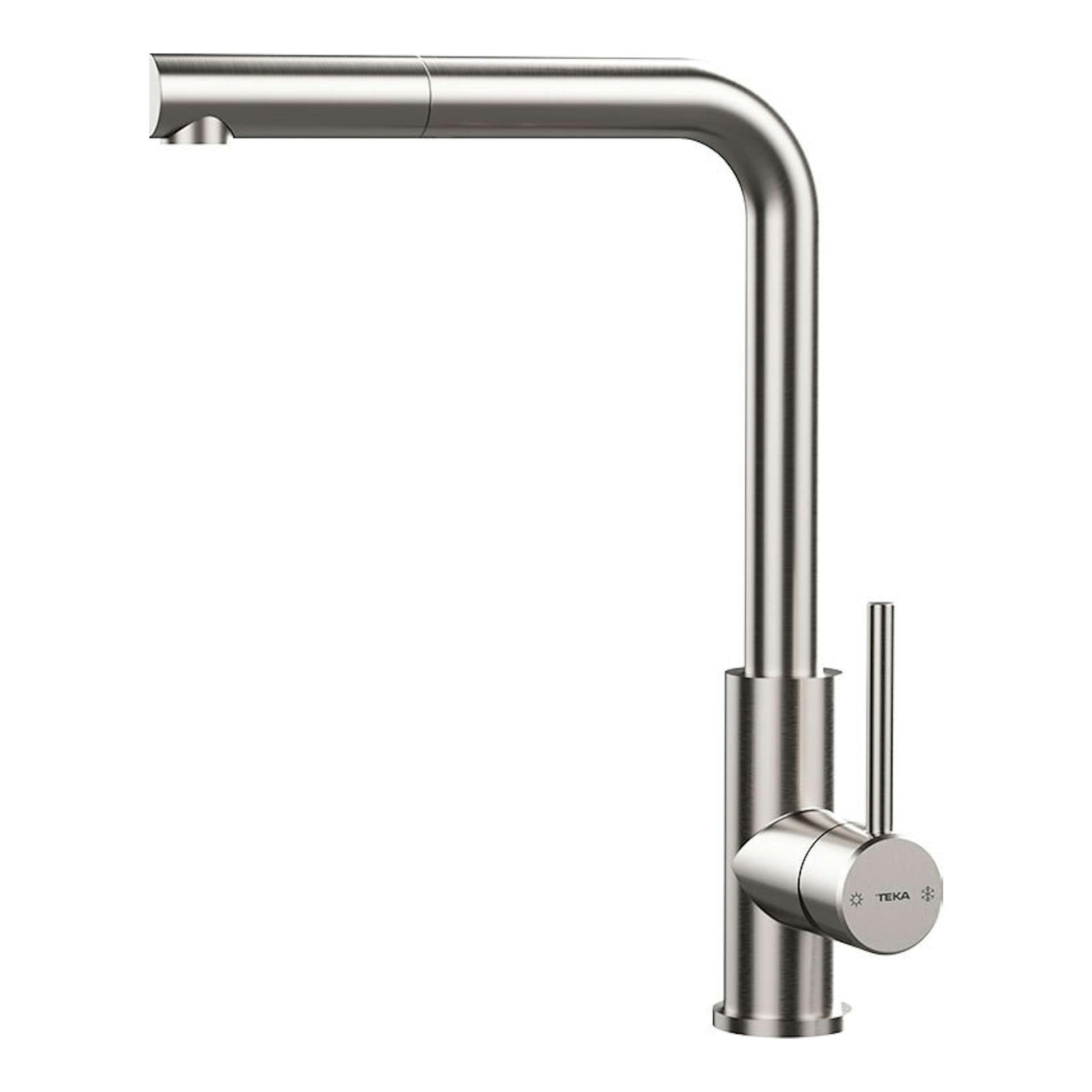 Grifo de cocina Teka UNI9331 en inox pulido, vista frontal lateral, caño alto en L y mando cilíndrico.
