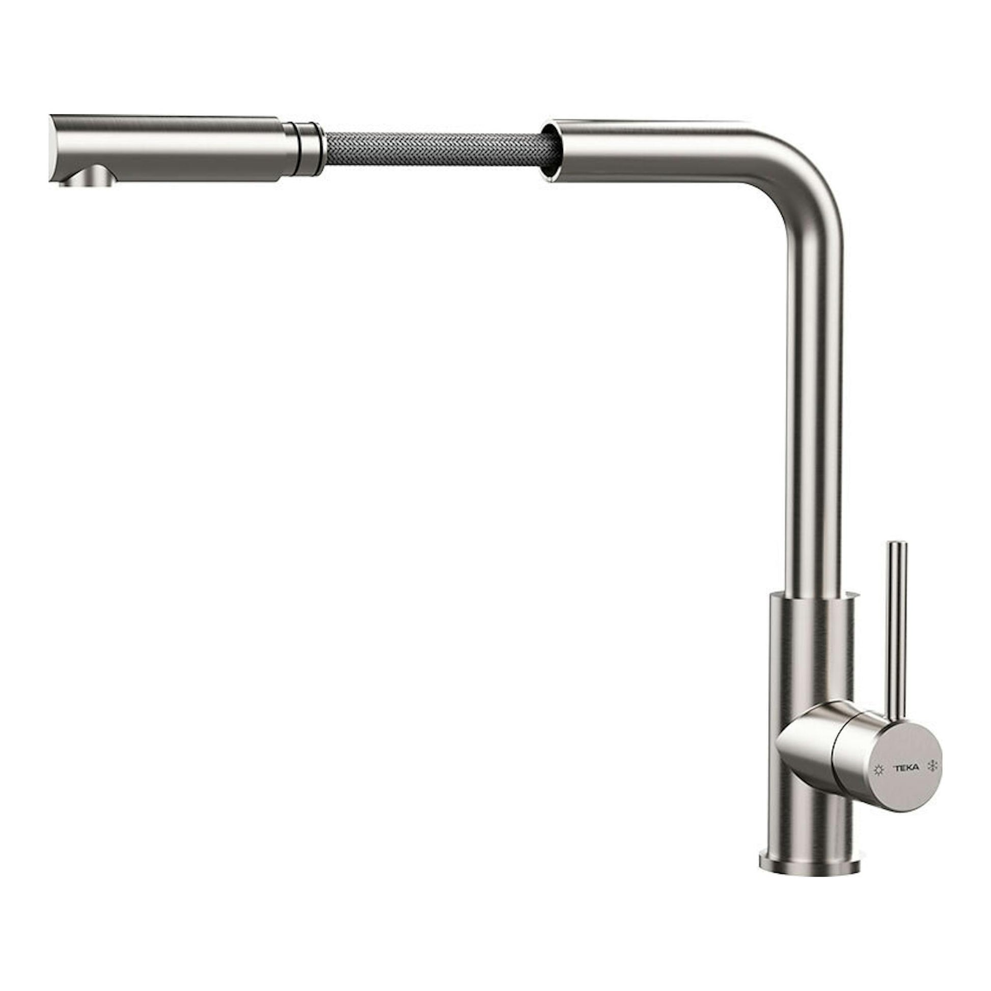Grifo Teka UNI9331 de acero inoxidable pulido, vista lateral, caño alto en L y mando monomando.
