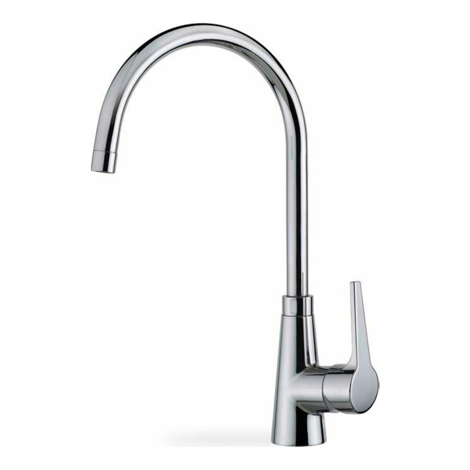 Grifo de cocina Teka VITA 915 cromado, vista frontal, con caño alto curvo y mando lateral.