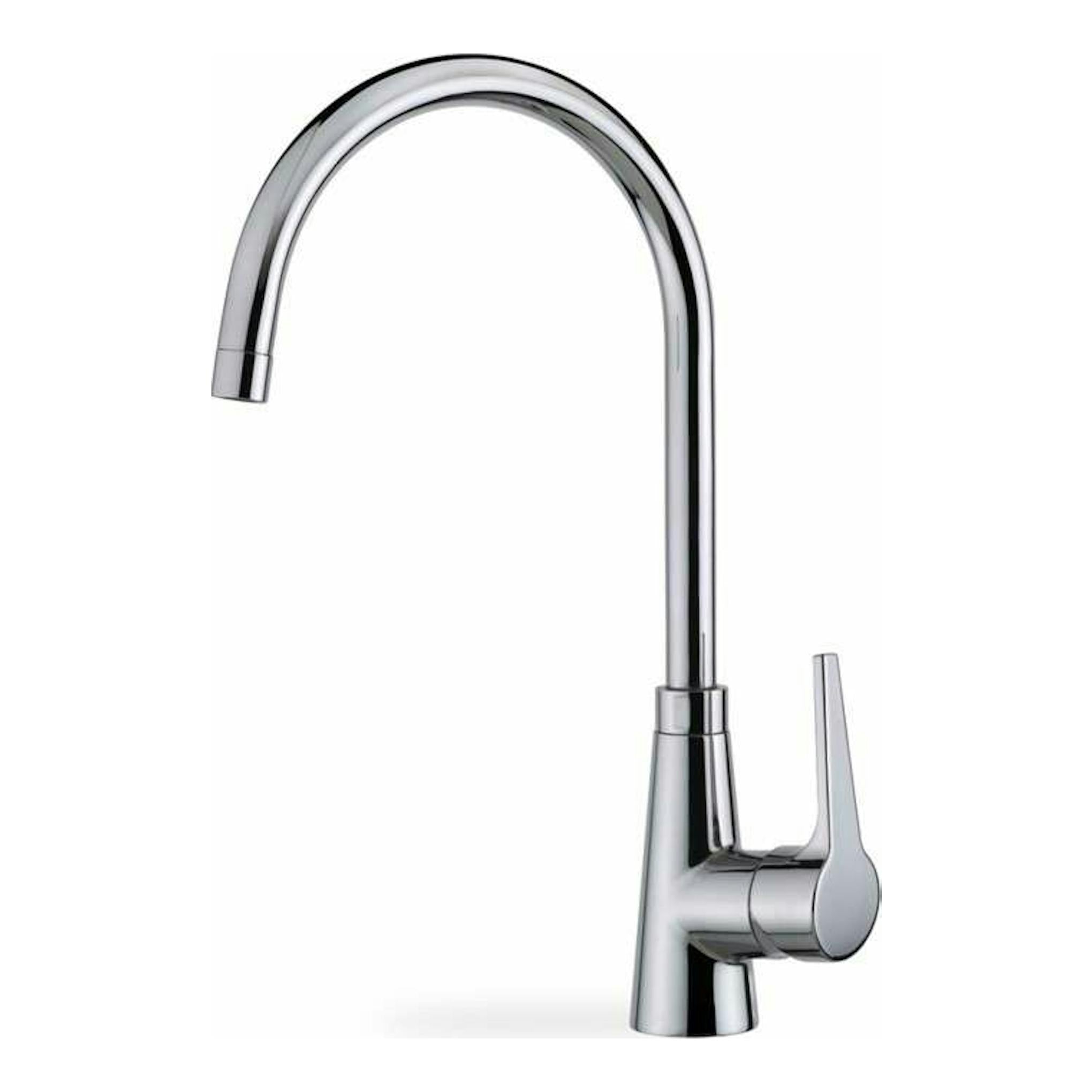 Grifo de cocina Teka VITA 915 cromado, vista frontal, con caño alto curvo y mando lateral.