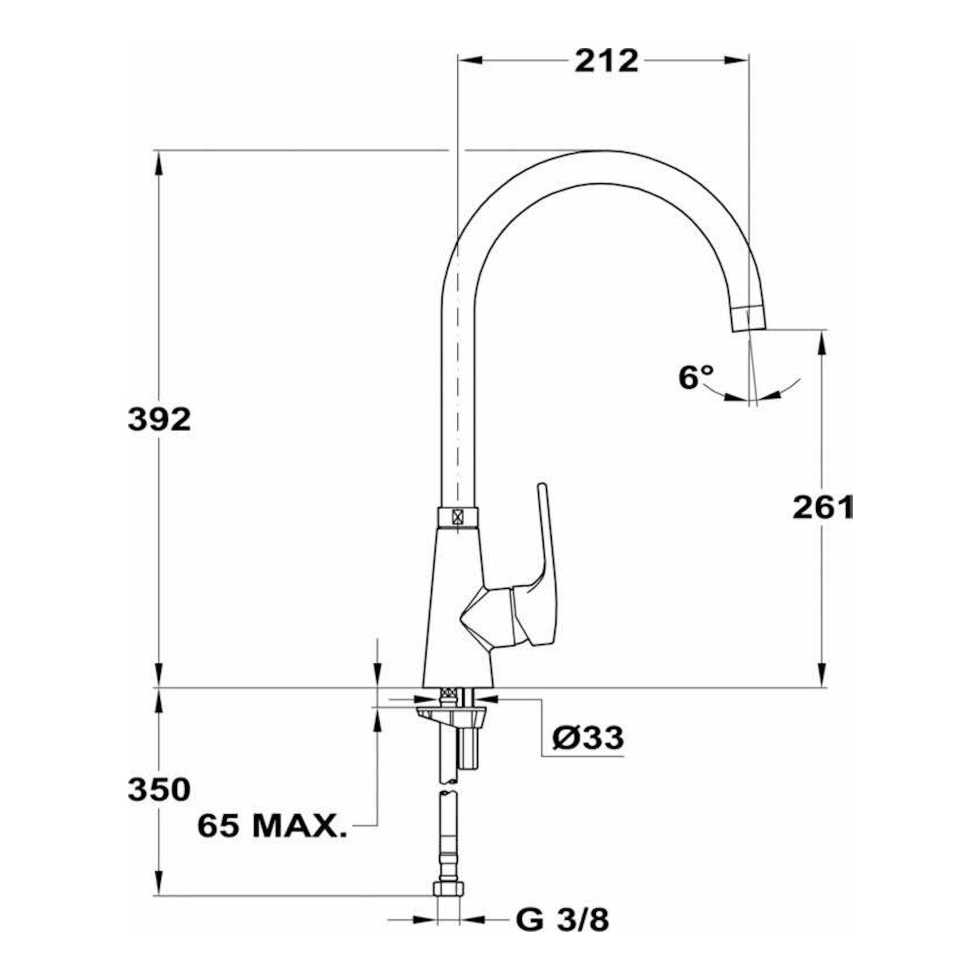 Grifo Teka VITA 915 cromado en dibujo técnico frontal, con caño alto curvo y medidas.
