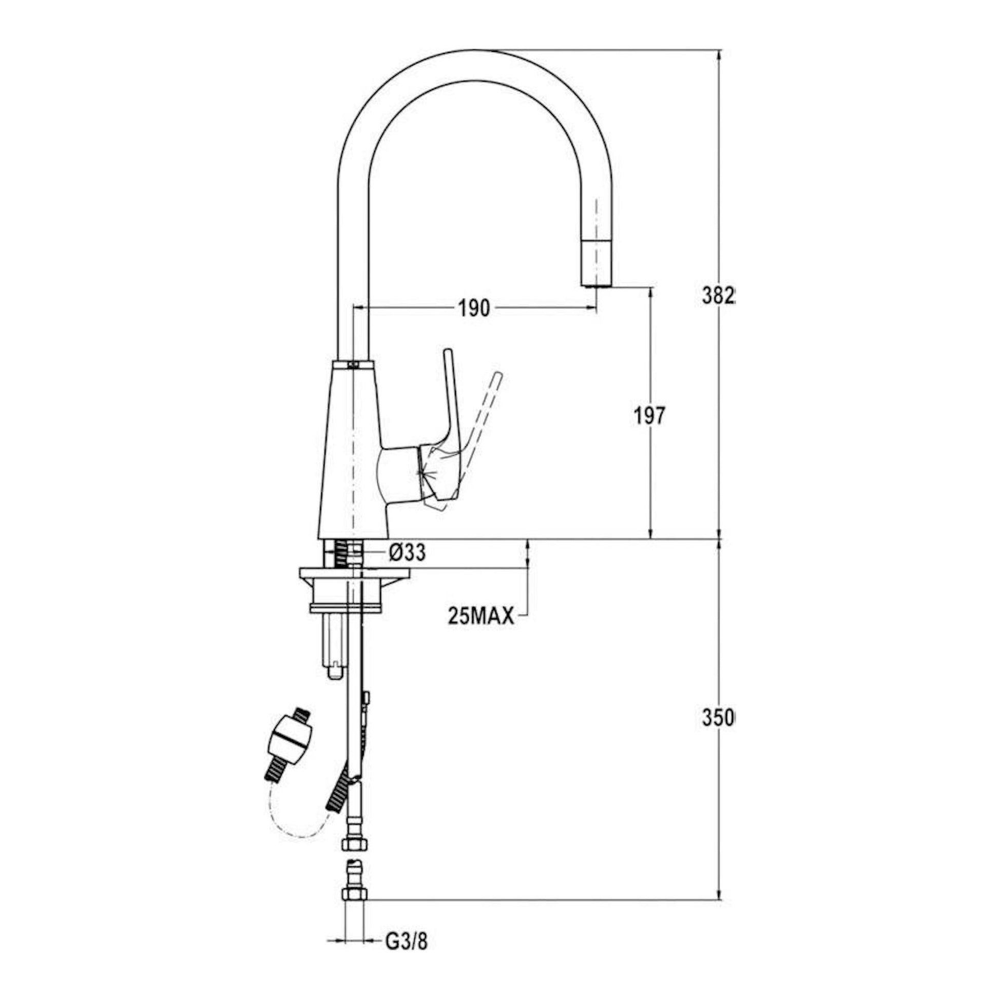 Dibujo técnico del grifo Teka VTK938 cromado, vista frontal con caño alto curvo y medidas.