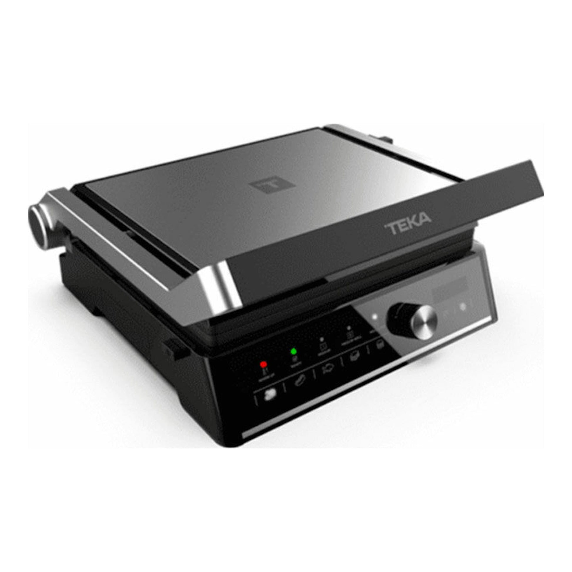 Grill sobremesa Teka T GRILL BK-SS negro, vista en ángulo con tapa abierta y panel frontal.