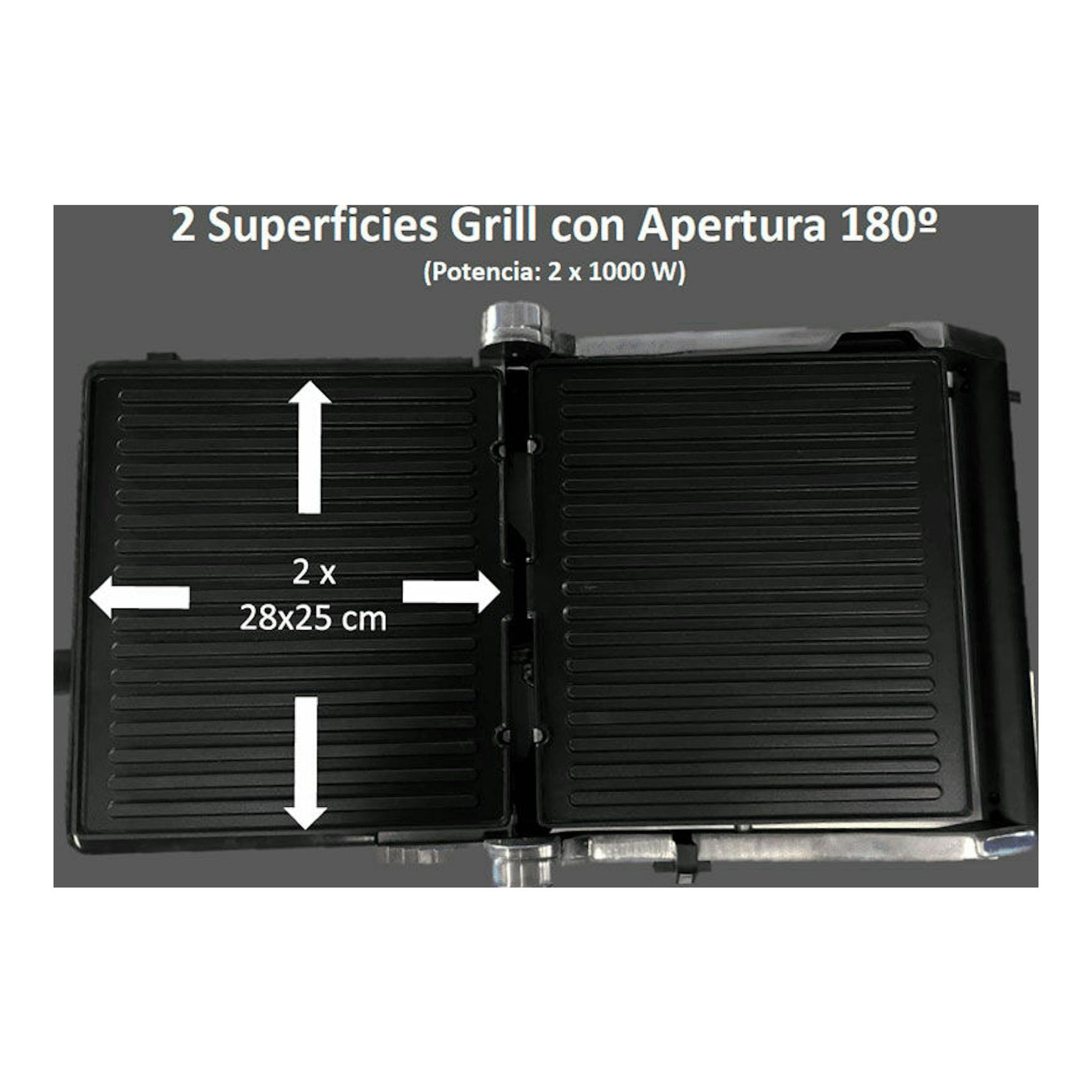 Grill sobremesa Teka T GRILL BK-SS negro, vista cenital abierto a 180°, con dos placas grill.