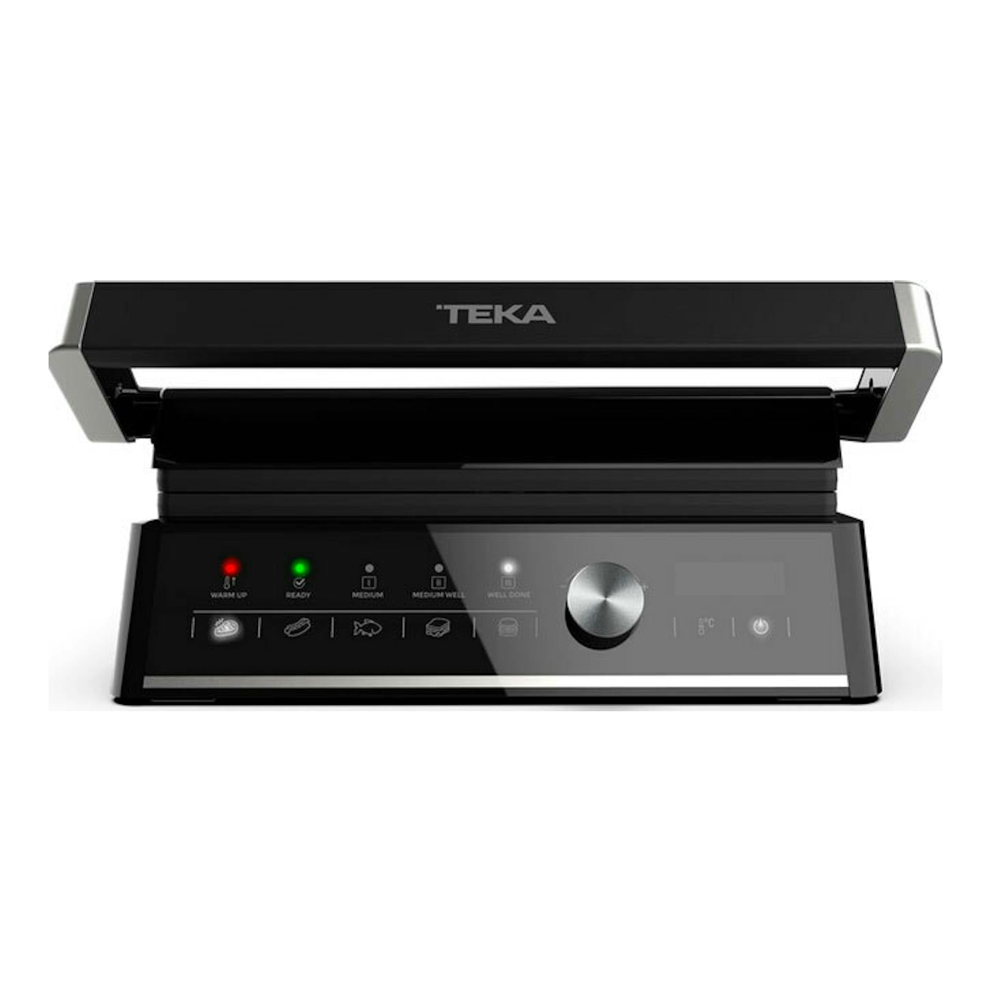 Grill sobremesa Teka T GRILL BK-SS negro, vista frontal abierta, con panel de control y luz indicadora.