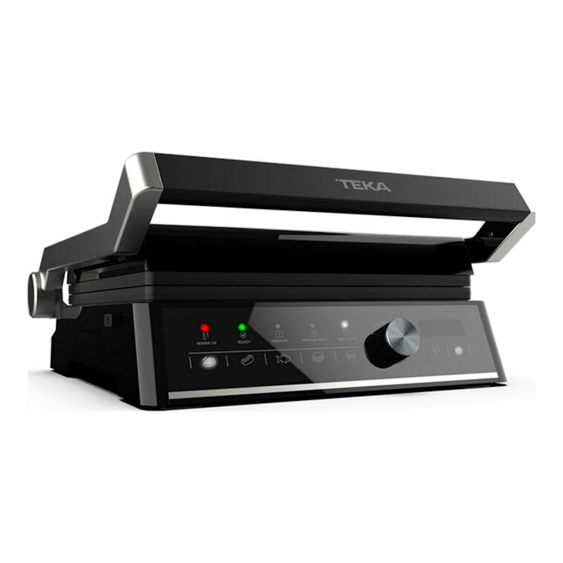Grill de sobremesa Teka T GRILL BK-SS negro, vista frontal en ángulo, con tapa abatible y panel digital.