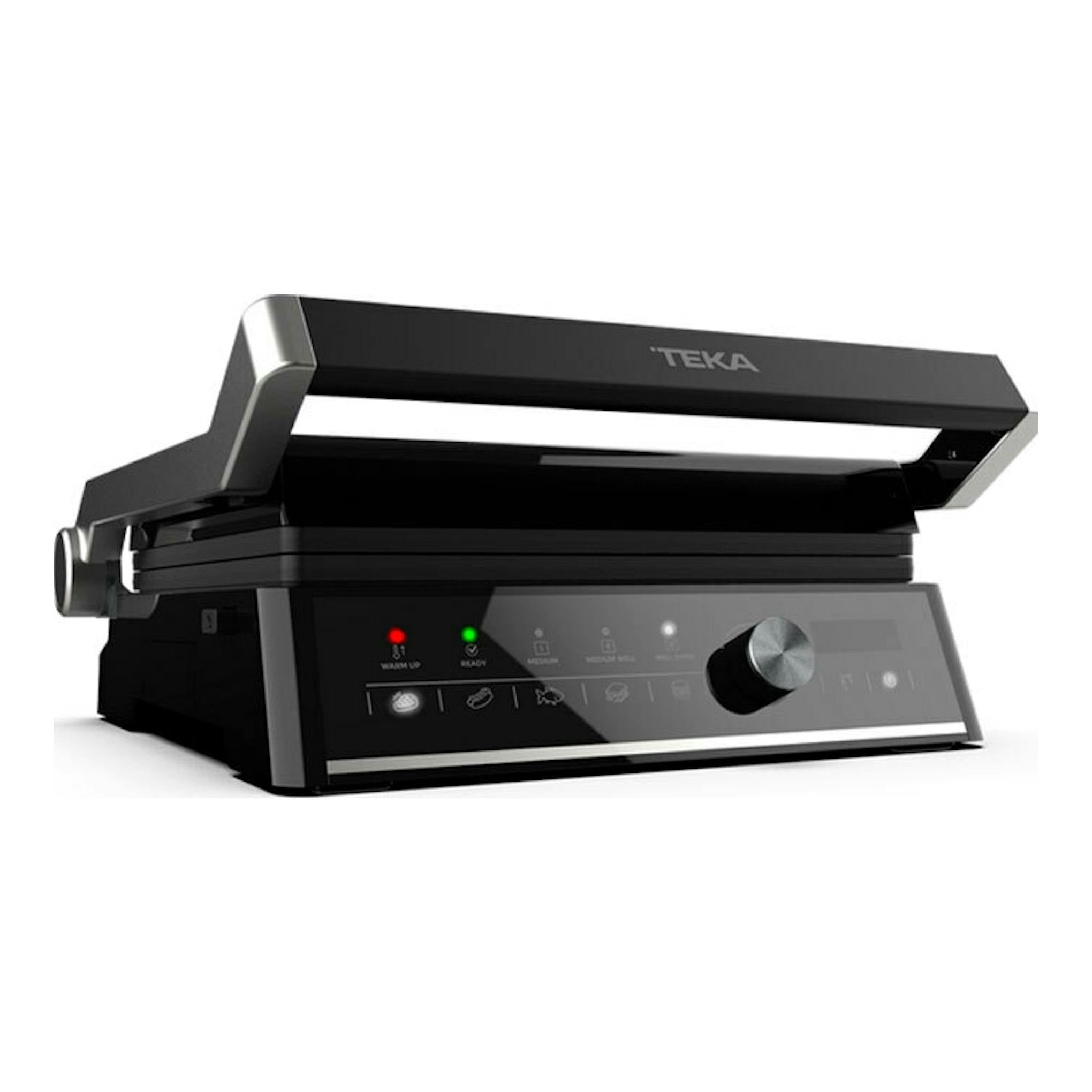 Grill de sobremesa Teka T GRILL BK-SS negro, vista frontal en ángulo, con tapa abatible y panel digital.