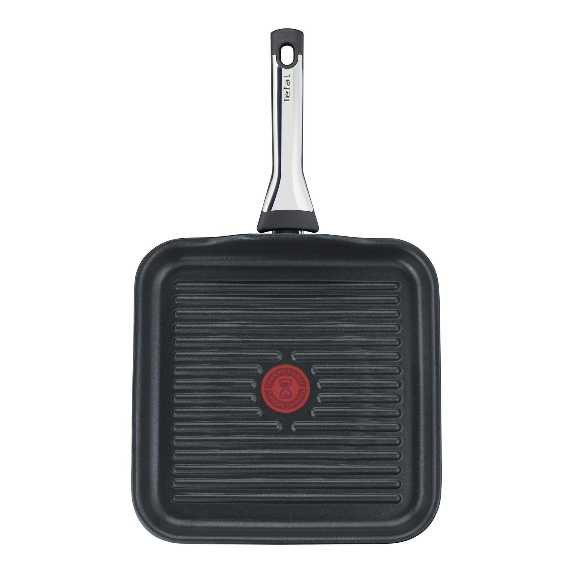 Sartén grill Tefal G85040 Excellence negra, vista frontal, con mango metálico y superficie estriada.