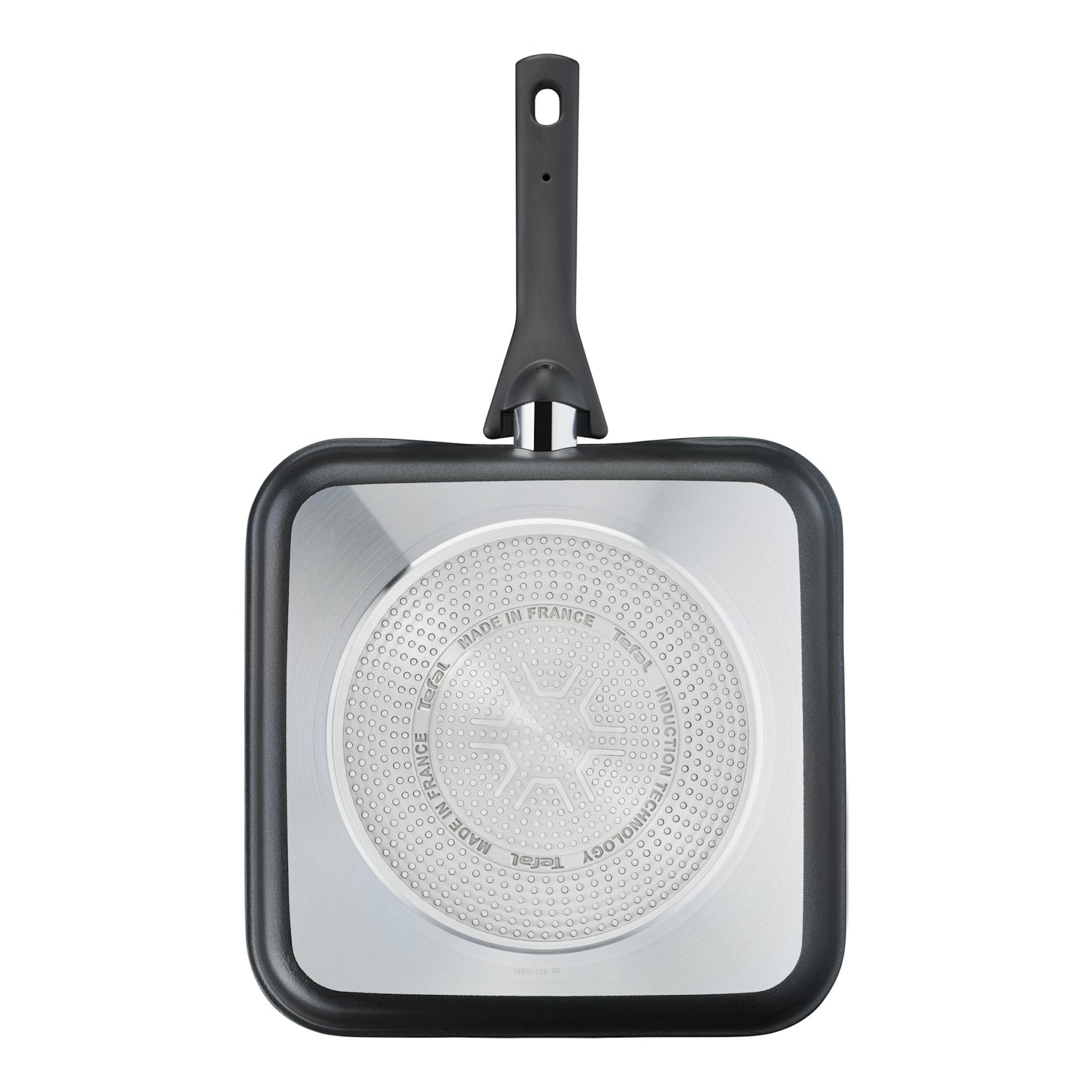 Sartén grill Tefal G85040 Excellence negra, vista inferior, cuadrada de 26x26 cm, con asa larga.
