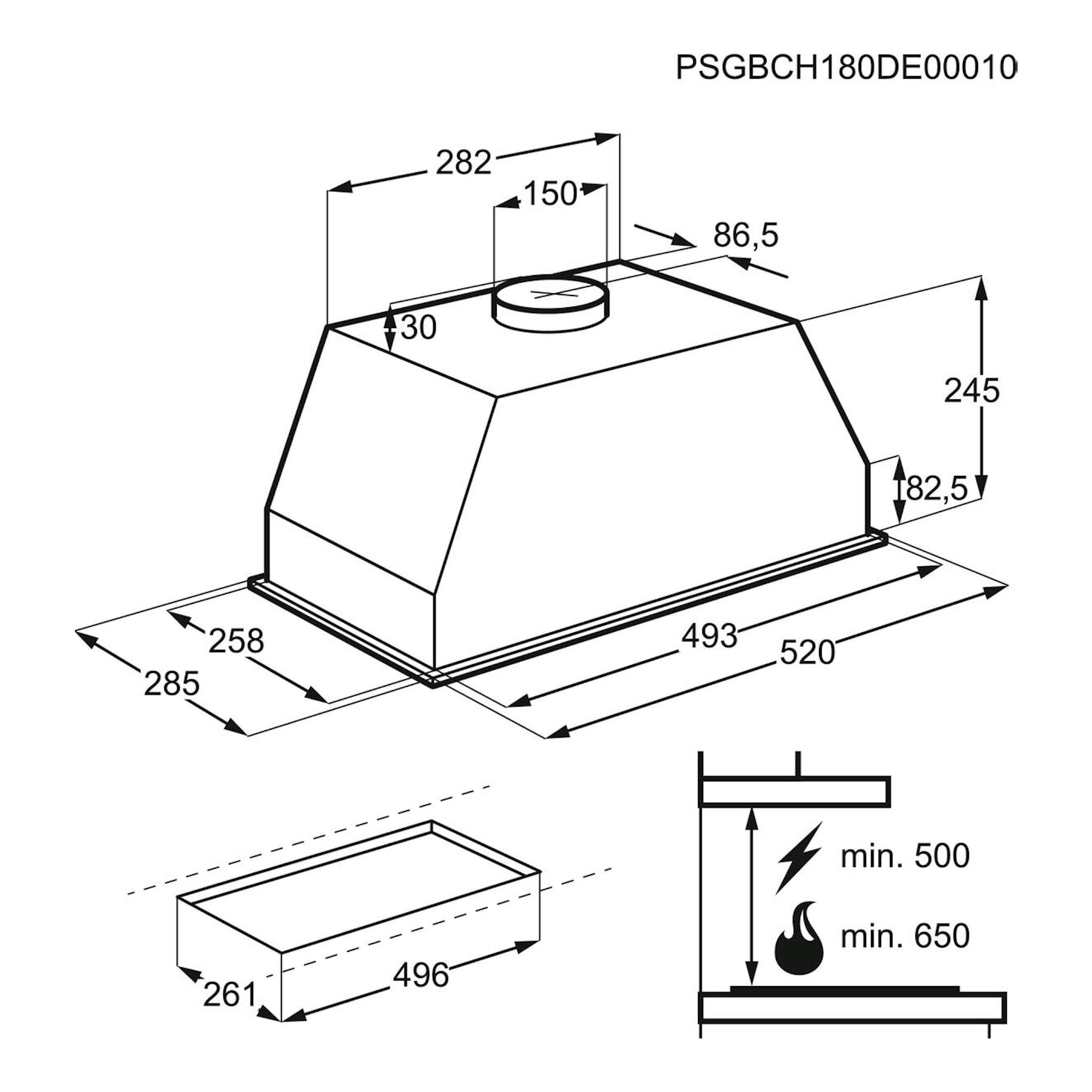 AEG DGB2531M: dibujo técnico de grupo filtrante blanco en vista isométrica con medidas y altura mínima.