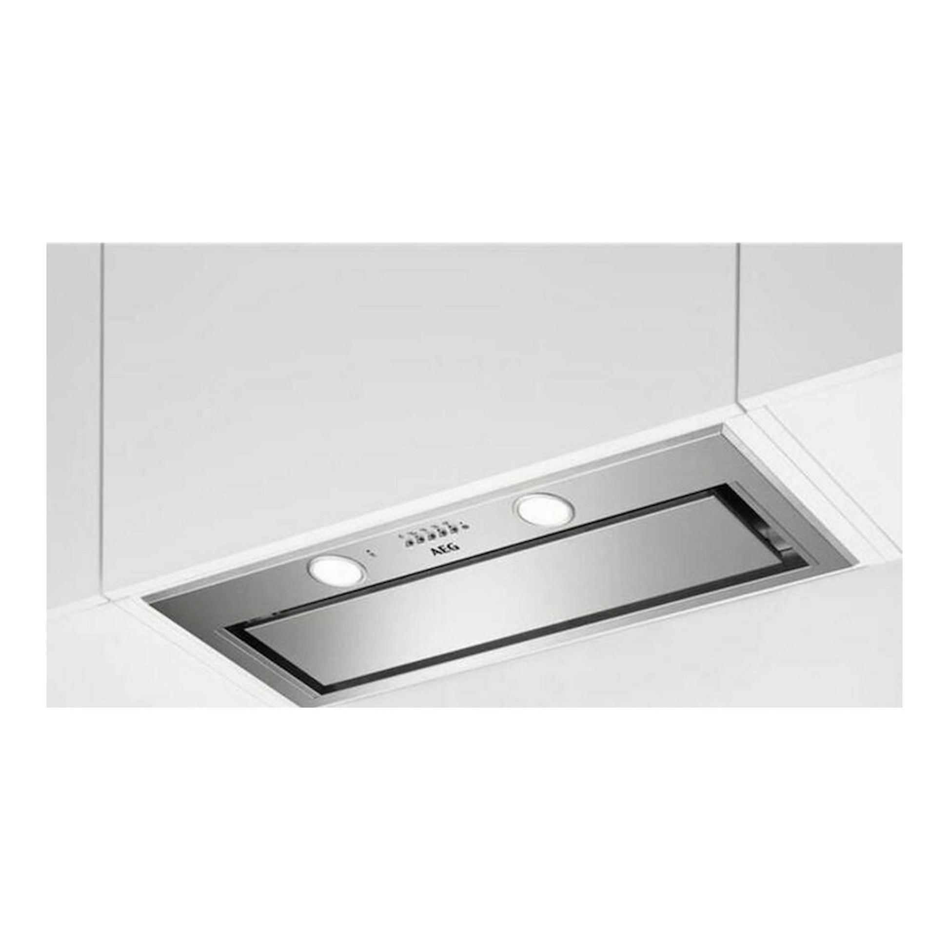 Grupo filtrante AEG DGE5861HM inox, vista frontal en el techo, con panel rectangular y dos luces.