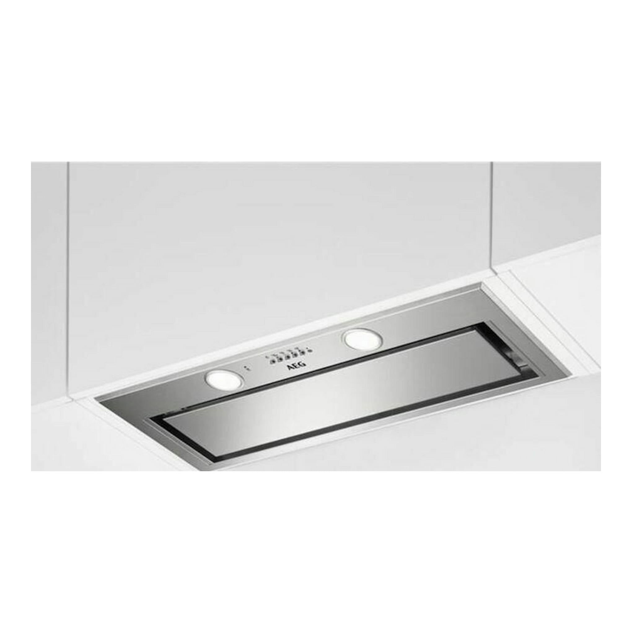 Grupo filtrante AEG DGE5861HM inox, vista frontal en el techo, con panel rectangular y dos luces.