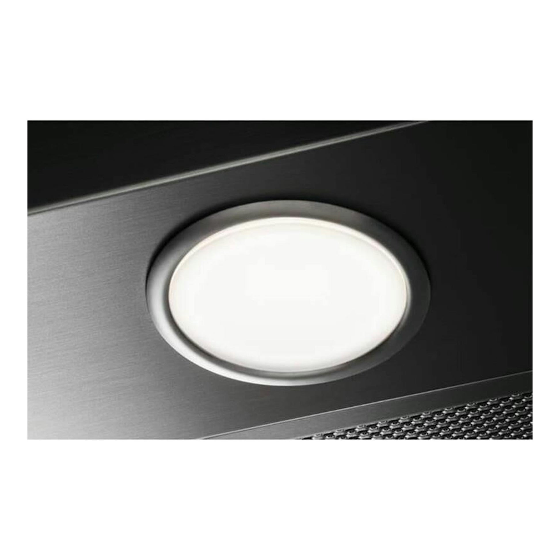 Grupo filtrante AEG DGE5861HM inox, vista en primer plano de la luz circular sobre acabado metálico.
