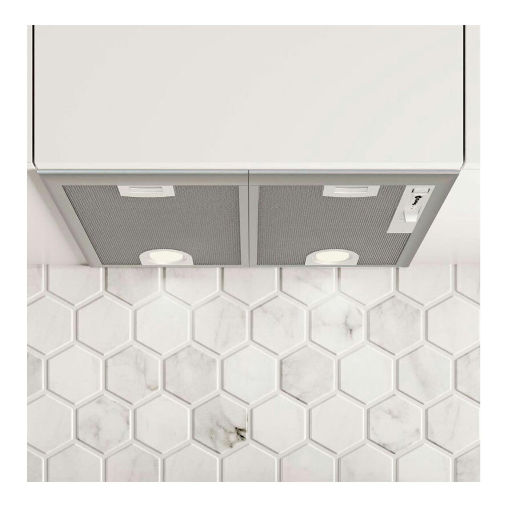 Grupo filtrante Balay 3BF255NG inox, vista inferior bajo mueble, con dos filtros y focos.