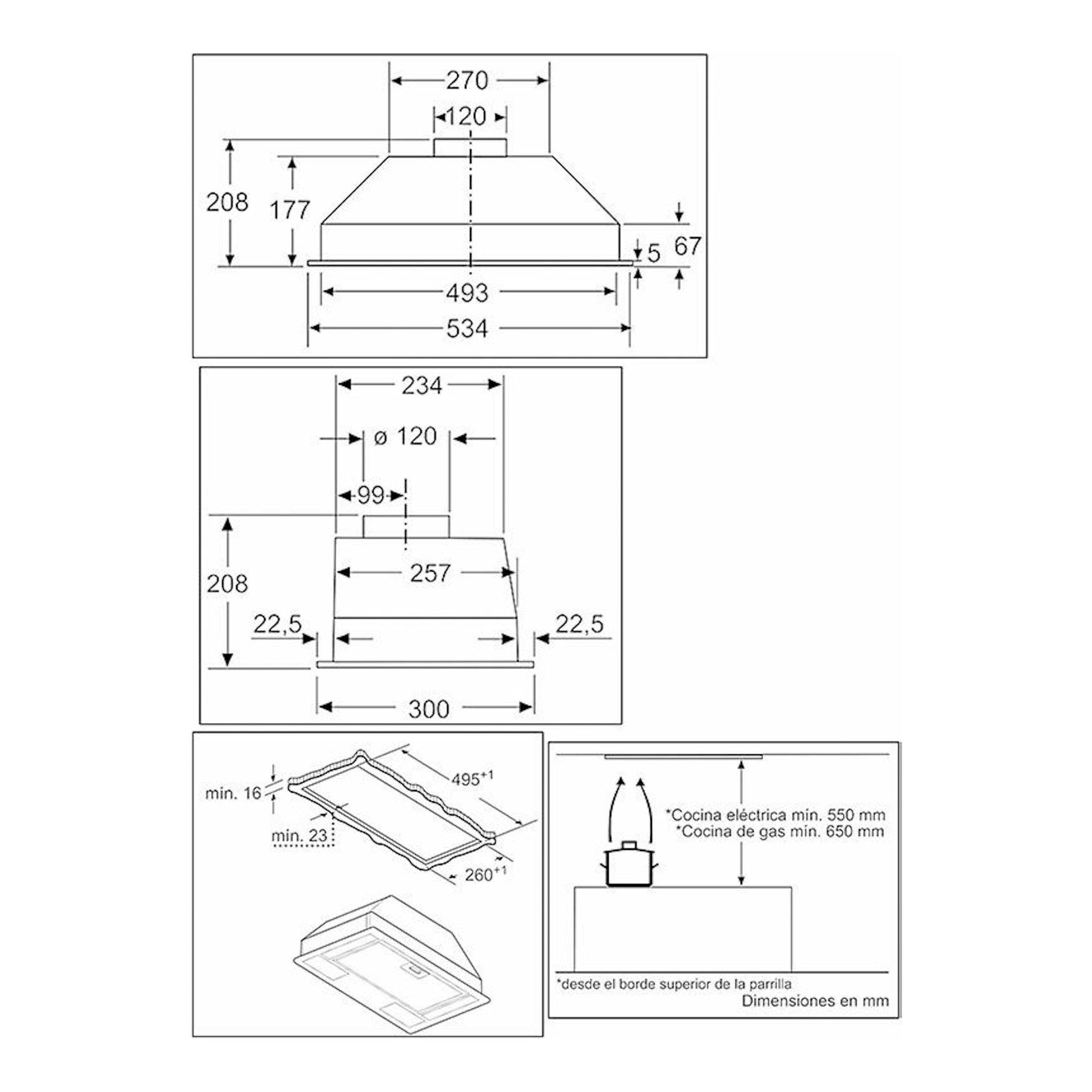 Plano técnico del grupo filtrante Balay 3BF263NX gris con medidas y vista inferior.