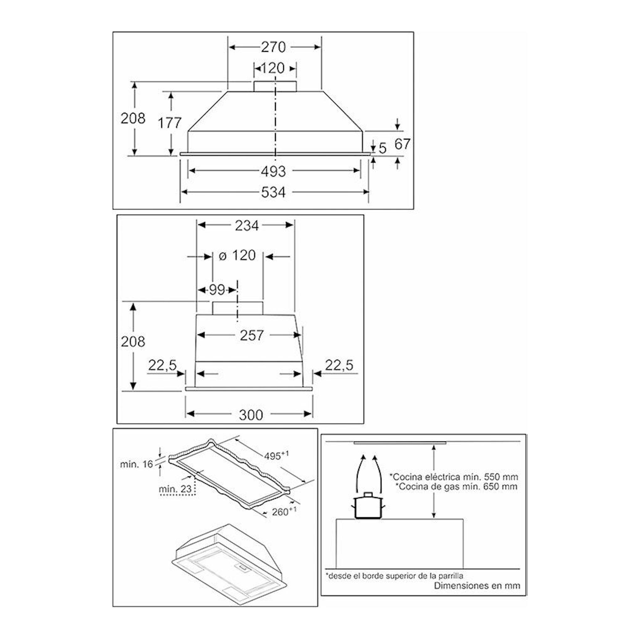 Plano técnico del grupo filtrante Balay 3BF263NX gris con medidas y vista inferior.