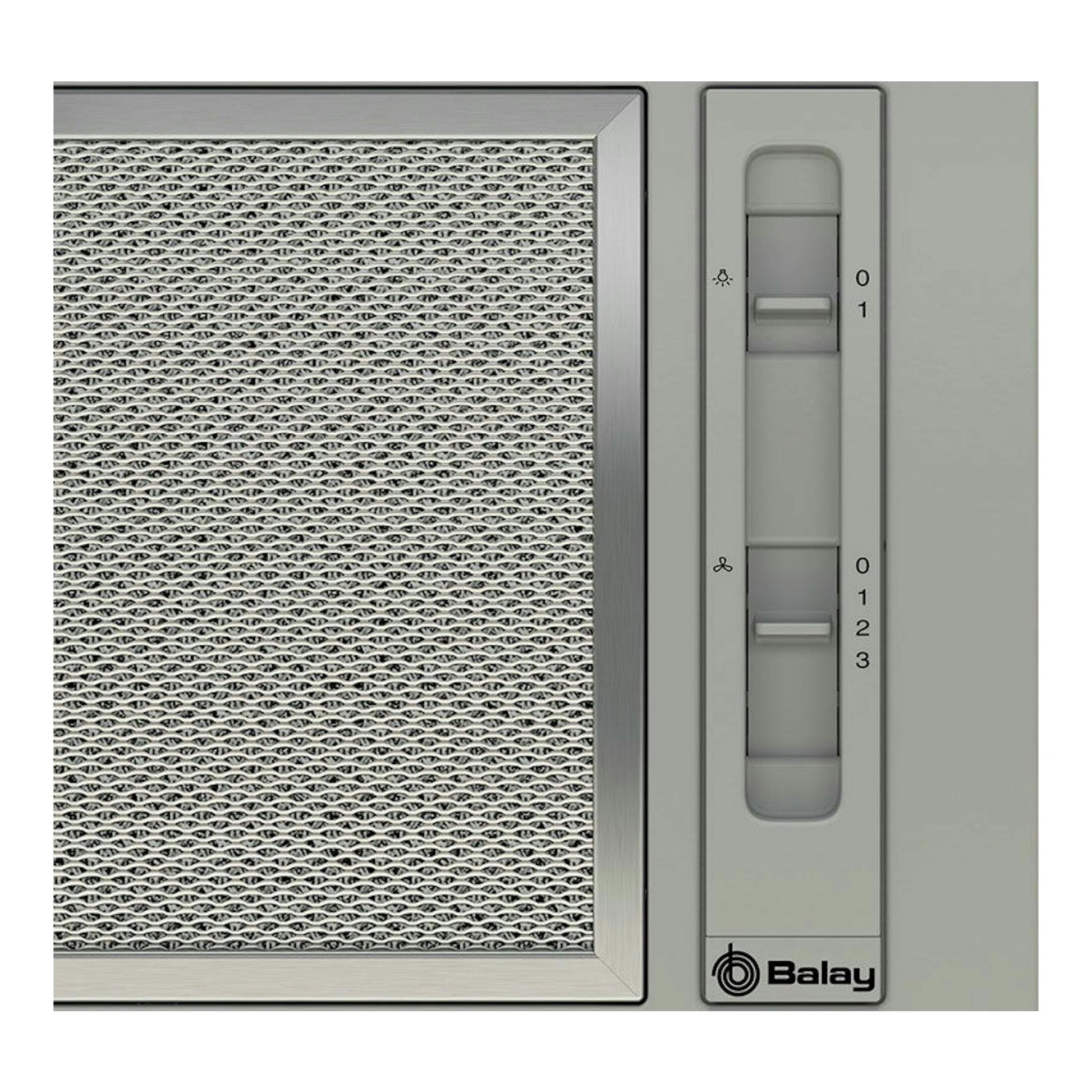 Grupo filtrante Balay 3BF263NX gris, vista frontal de rejilla metálica y controles deslizantes.