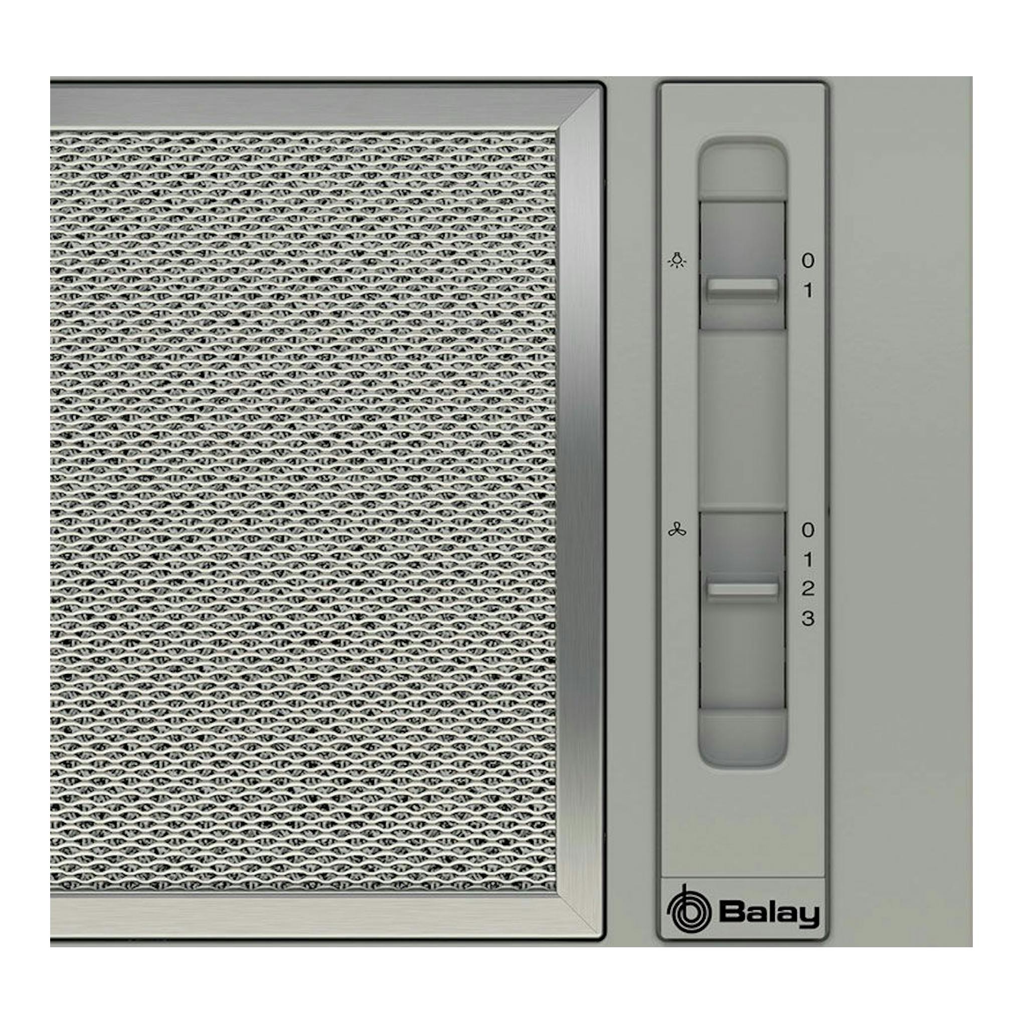 Grupo filtrante Balay 3BF263NX gris, vista frontal de rejilla metálica y controles deslizantes.