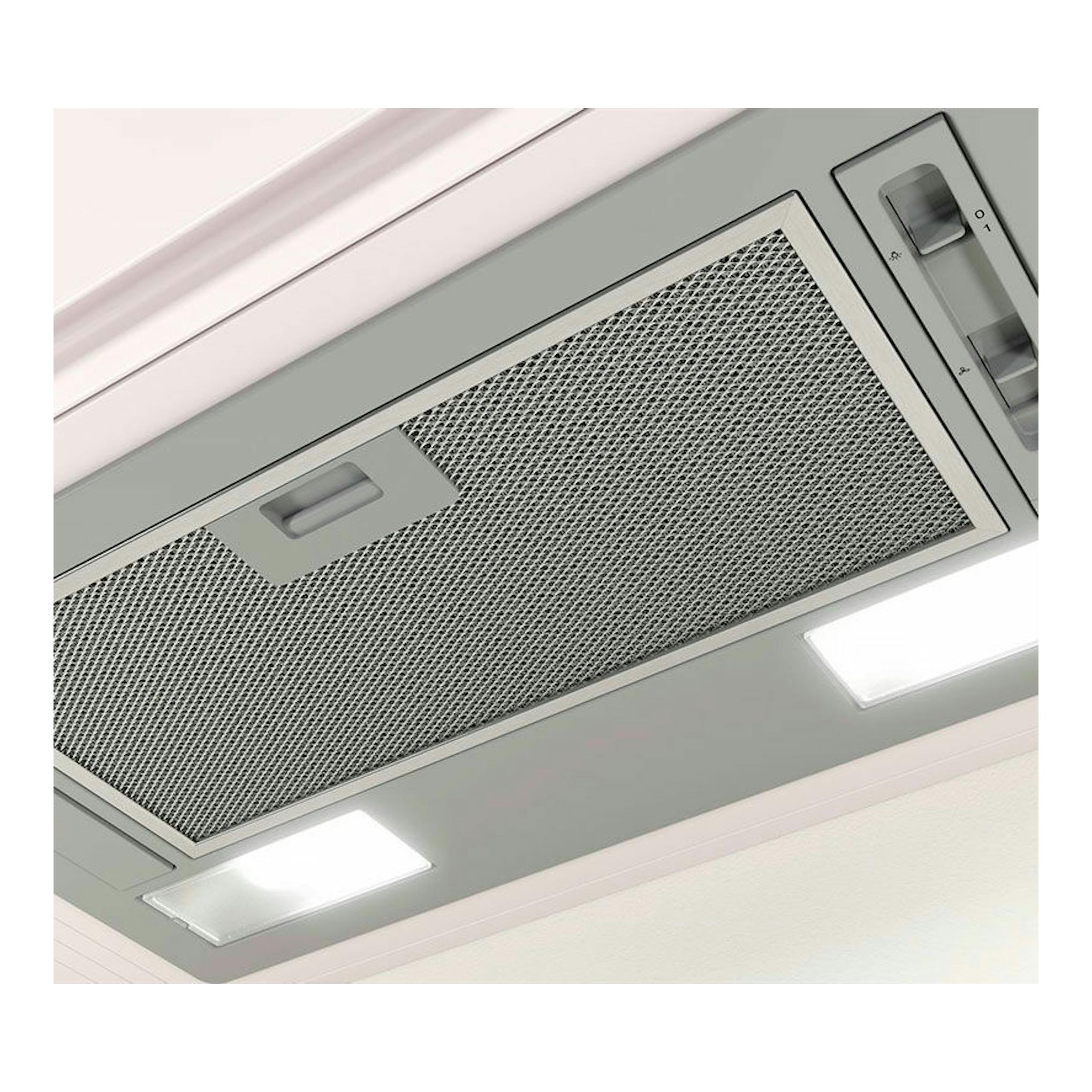 Grupo filtrante Balay 3BF263NX gris, vista inferior empotrada con filtro metálico y luces LED.